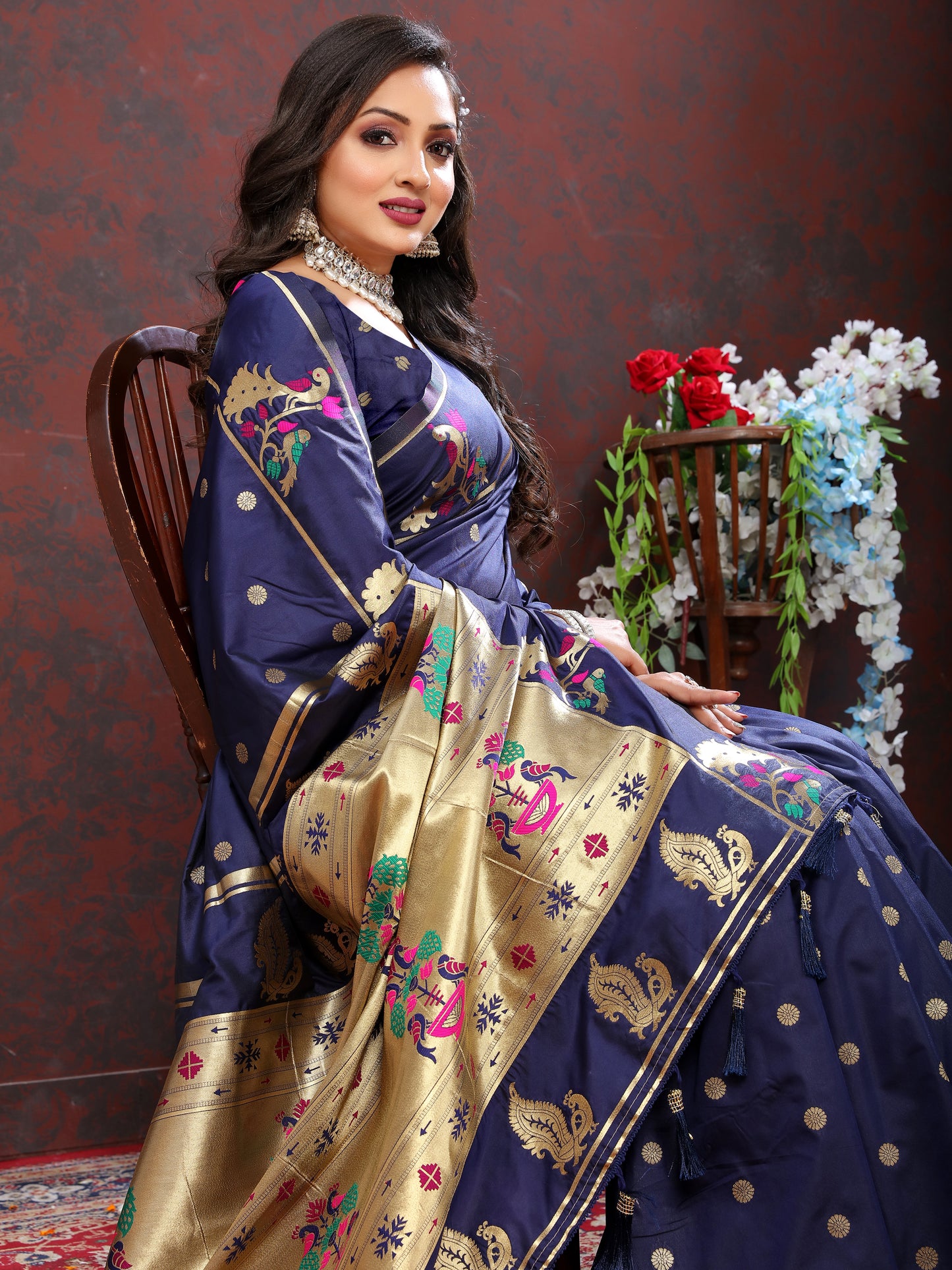 Soft Pethani Silk Dark Blue Saree with Golden Zari Weawing Motifs