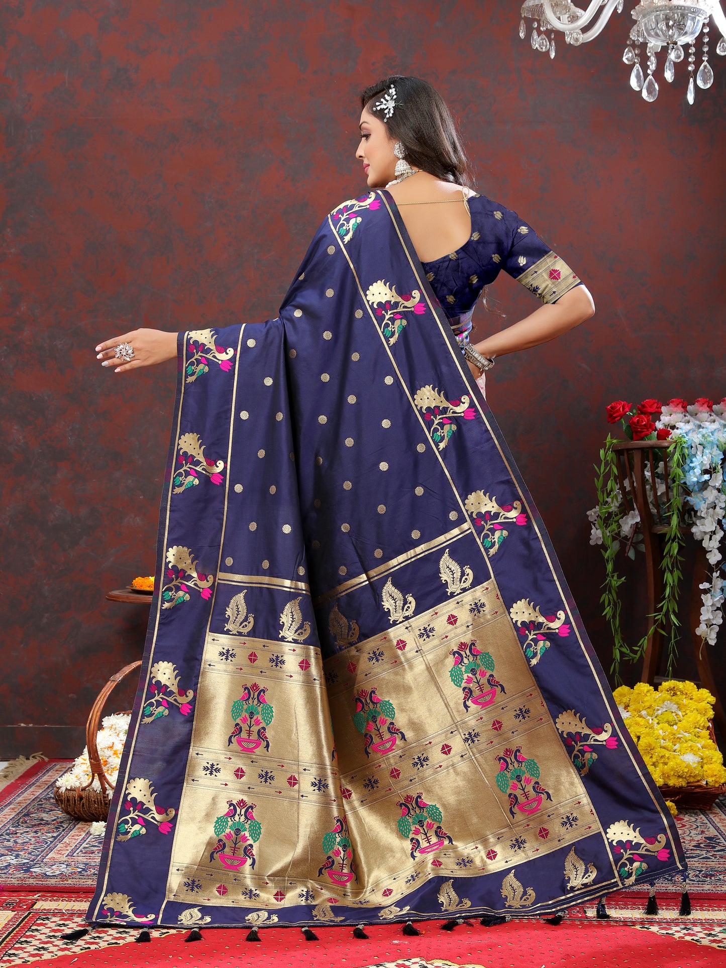 Soft Pethani Silk Dark Blue Saree with Golden Zari Weawing Motifs