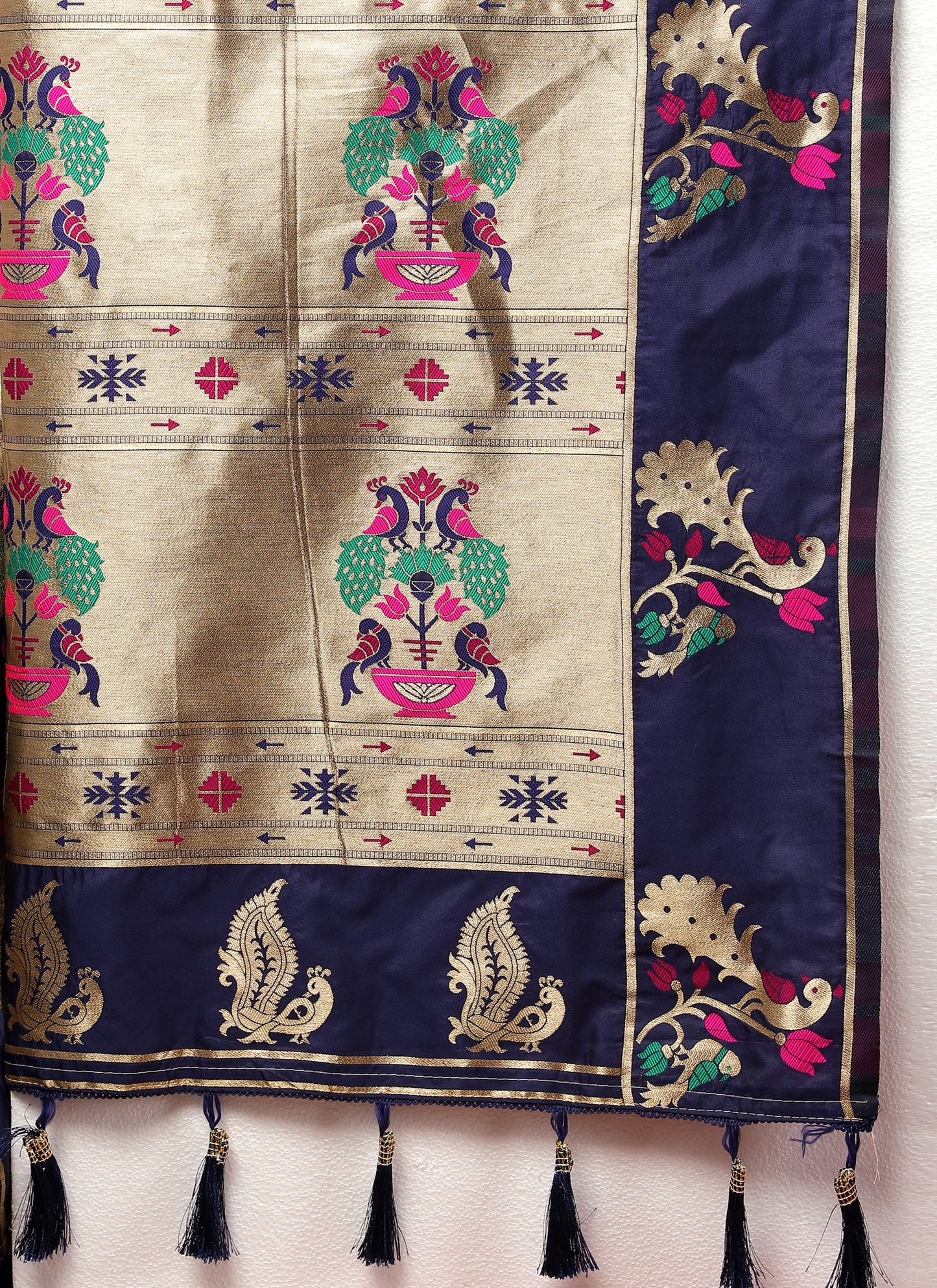 Soft Pethani Silk Musturd Saree with Golden Zari Weawing Motifs