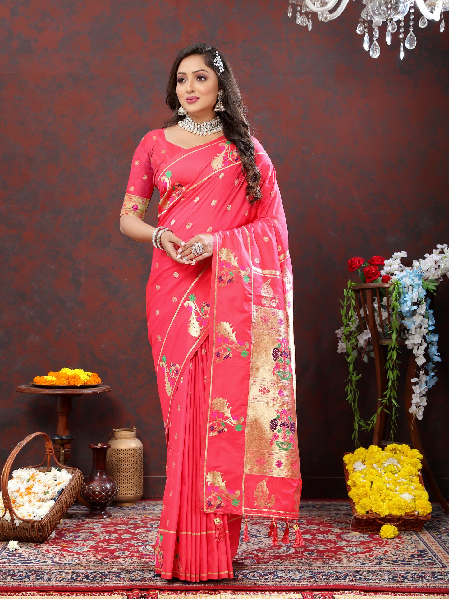 Soft Pethani Silk Tomato Saree with Golden Zari Weawing Motifs