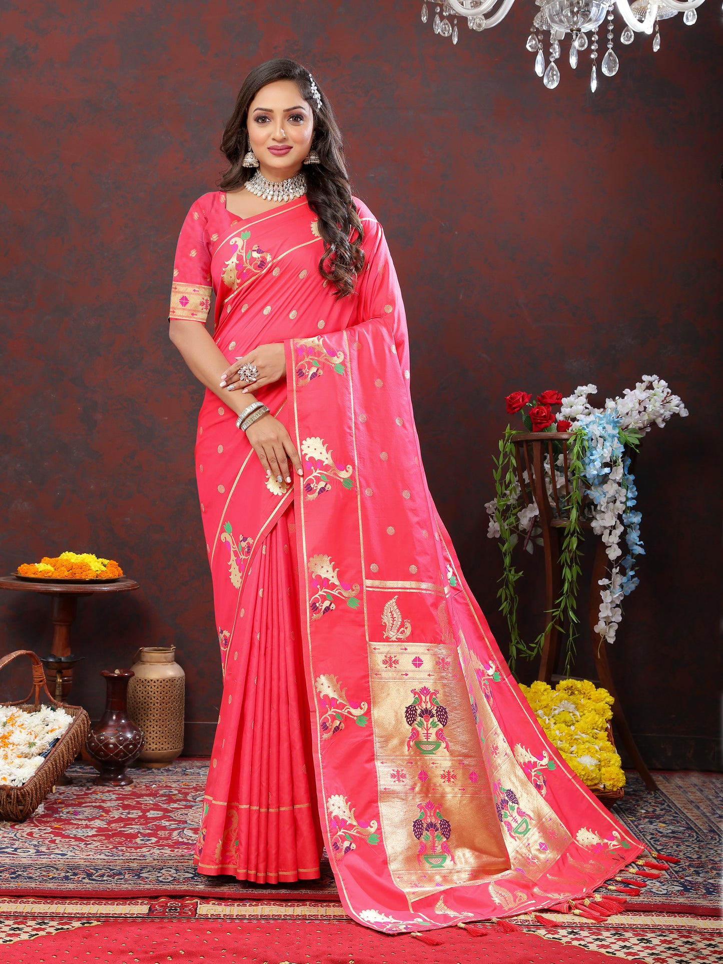 Soft Pethani Silk Tomato Saree with Golden Zari Weawing Motifs