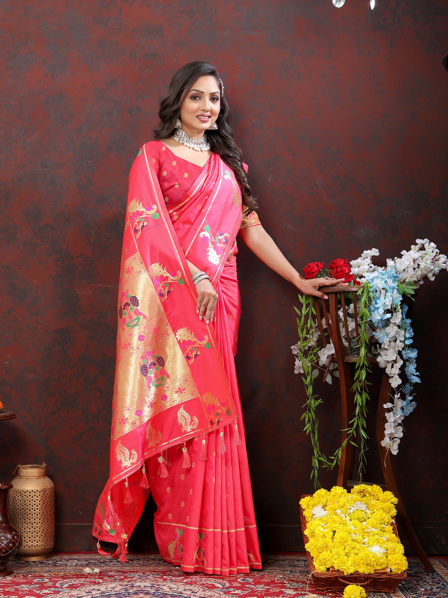 Soft Pethani Silk Tomato Saree with Golden Zari Weawing Motifs