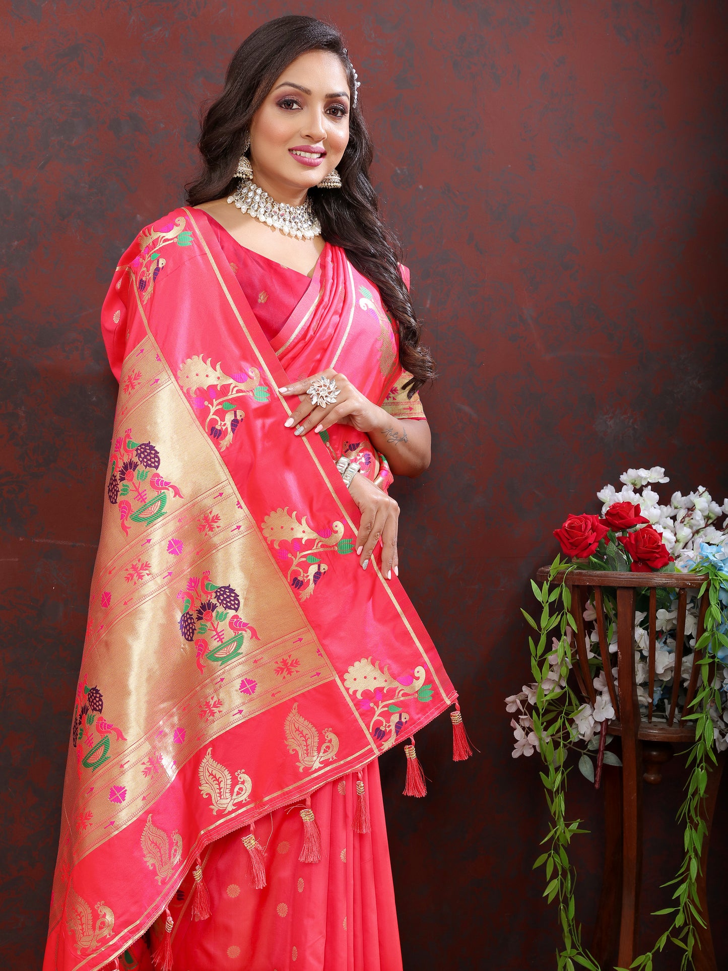 Soft Pethani Silk Tomato Saree with Golden Zari Weawing Motifs