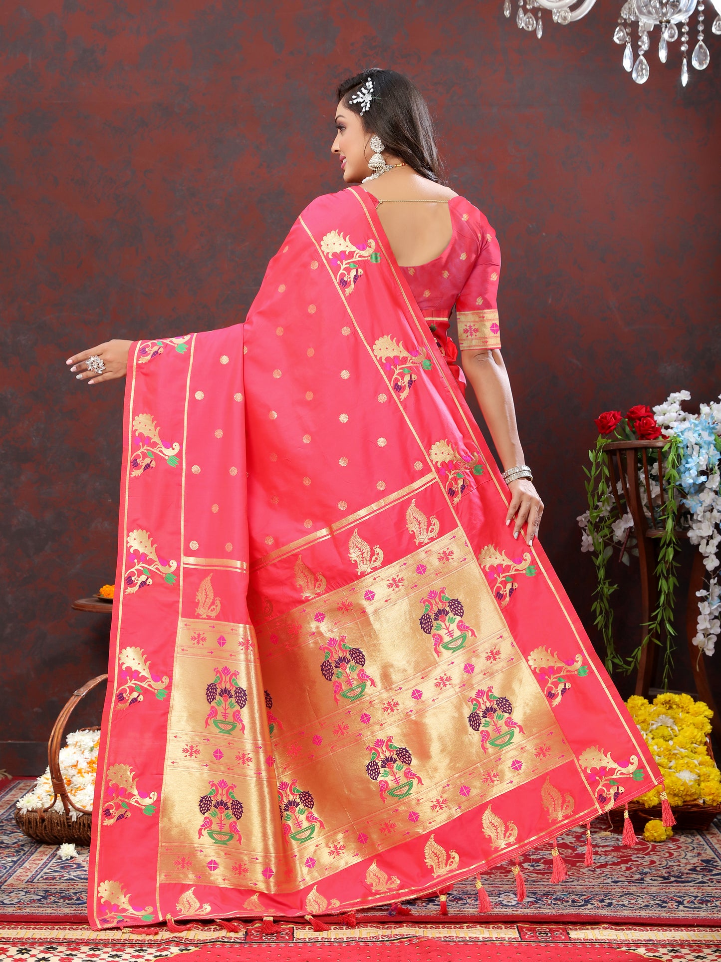 Soft Pethani Silk Tomato Saree with Golden Zari Weawing Motifs