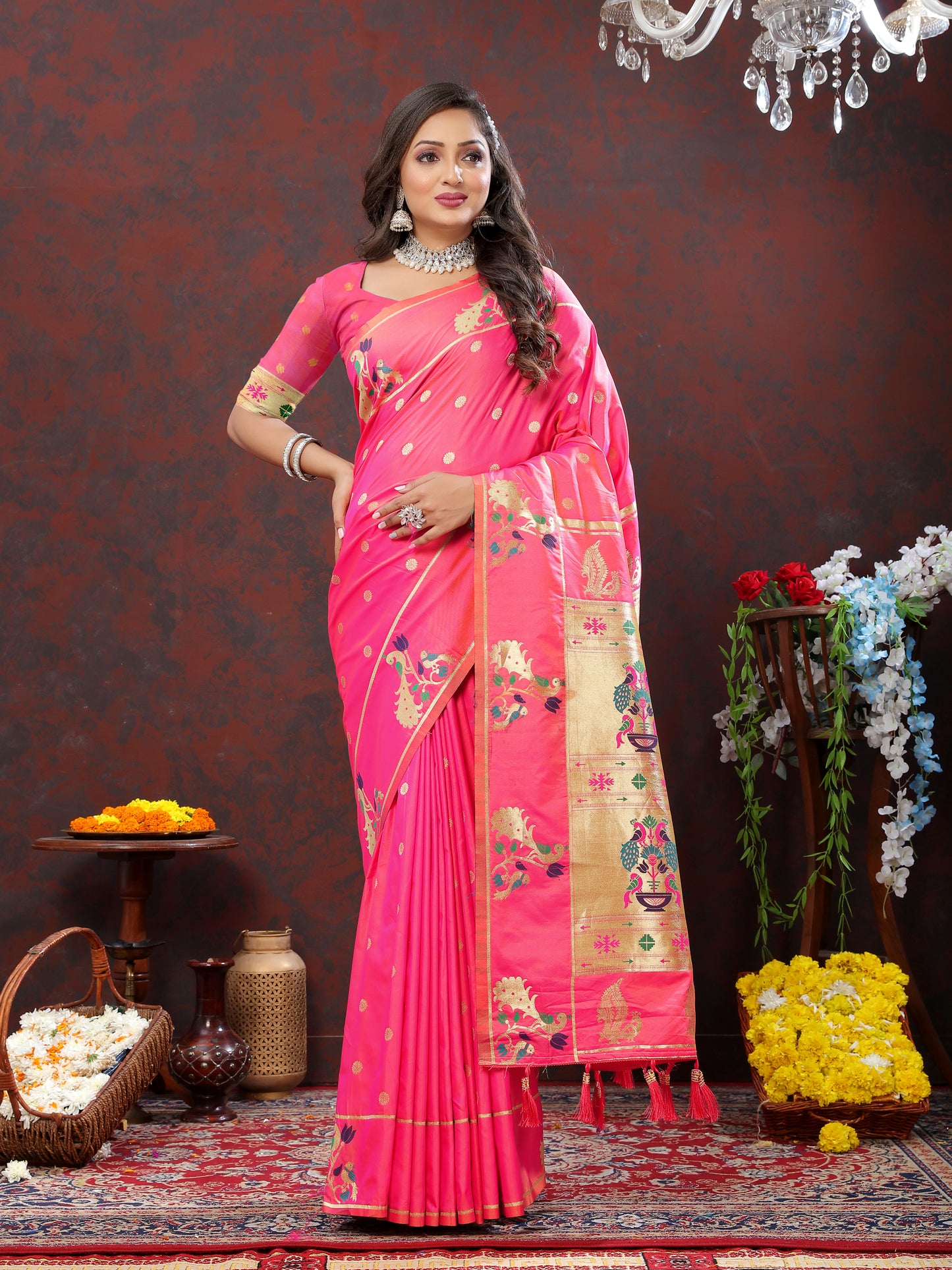Soft Pethani Silk Tomato Saree with Golden Zari Weawing Motifs