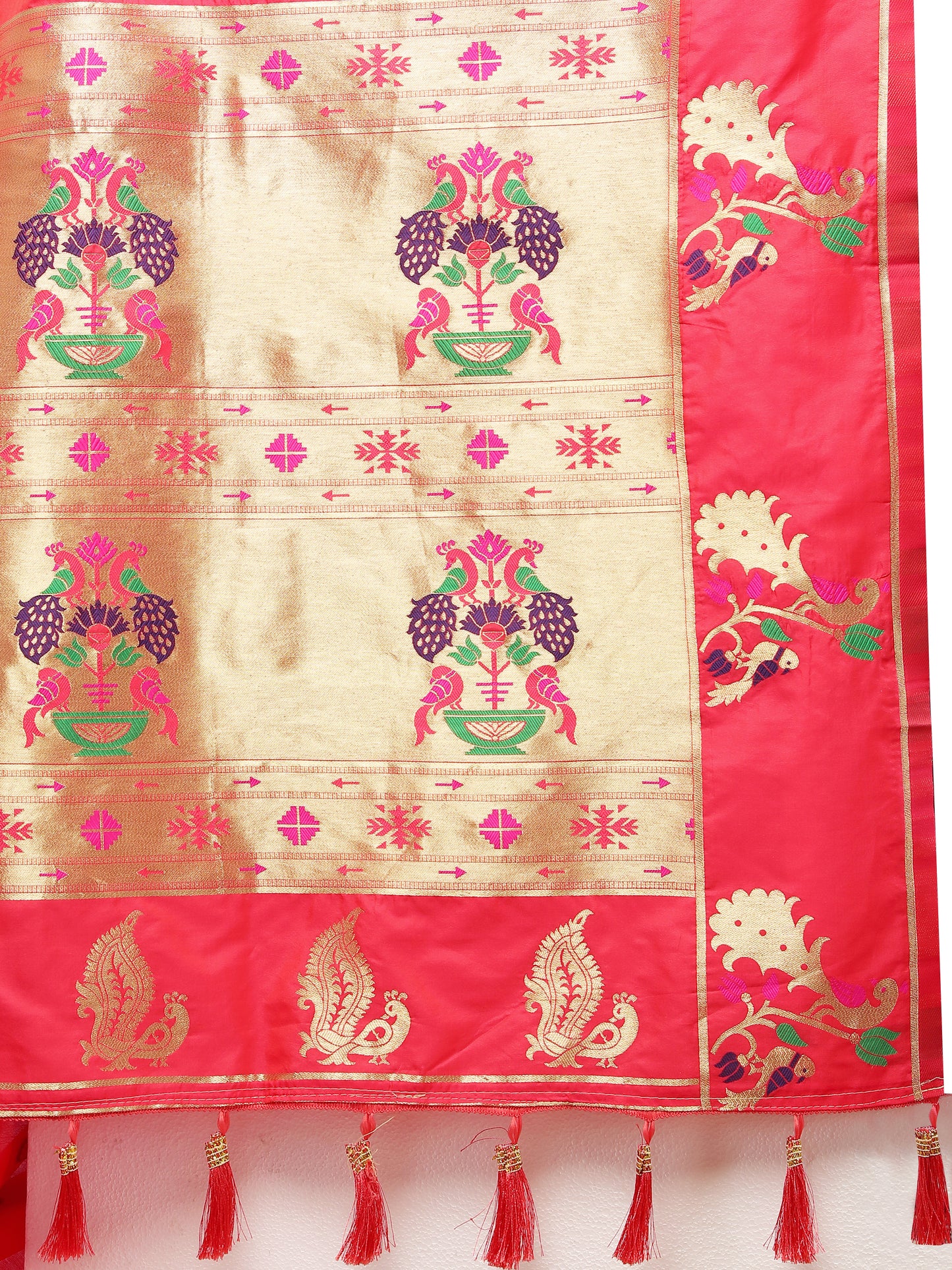 Soft Pethani Silk Tomato Saree with Golden Zari Weawing Motifs