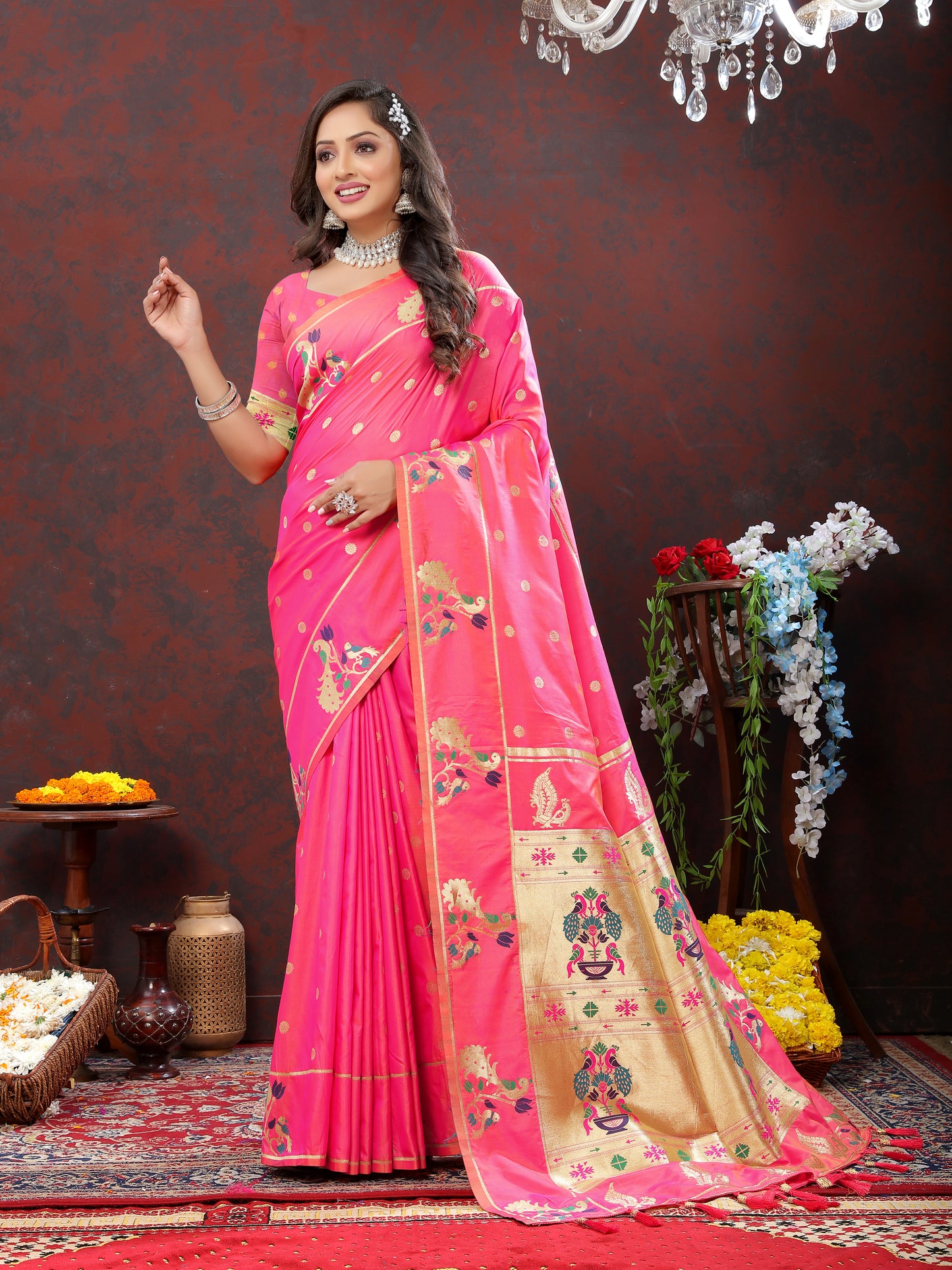 Soft Pethani Silk Pink Saree with Golden Zari Weawing Motifs
