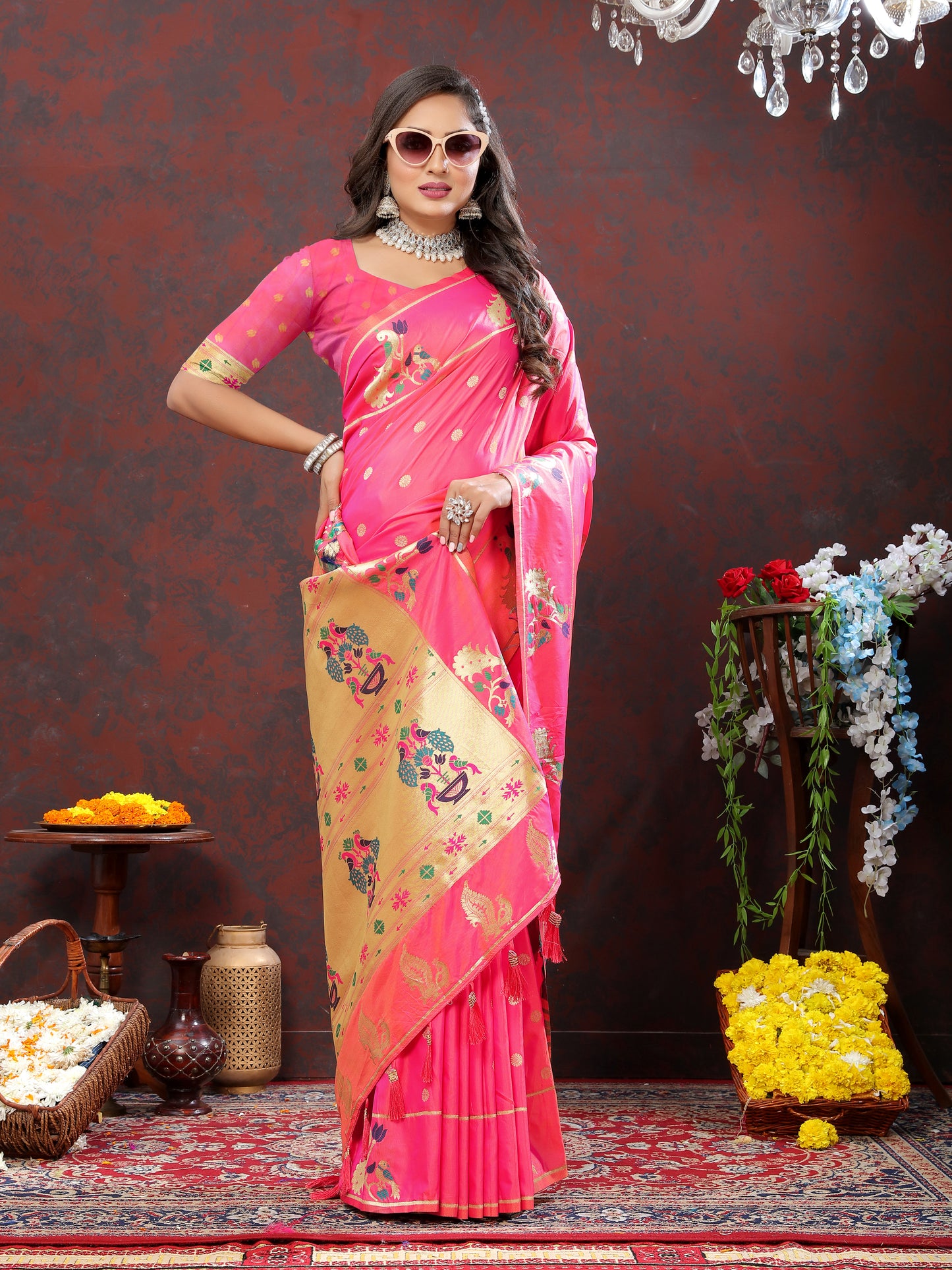 Soft Pethani Silk Pink Saree with Golden Zari Weawing Motifs