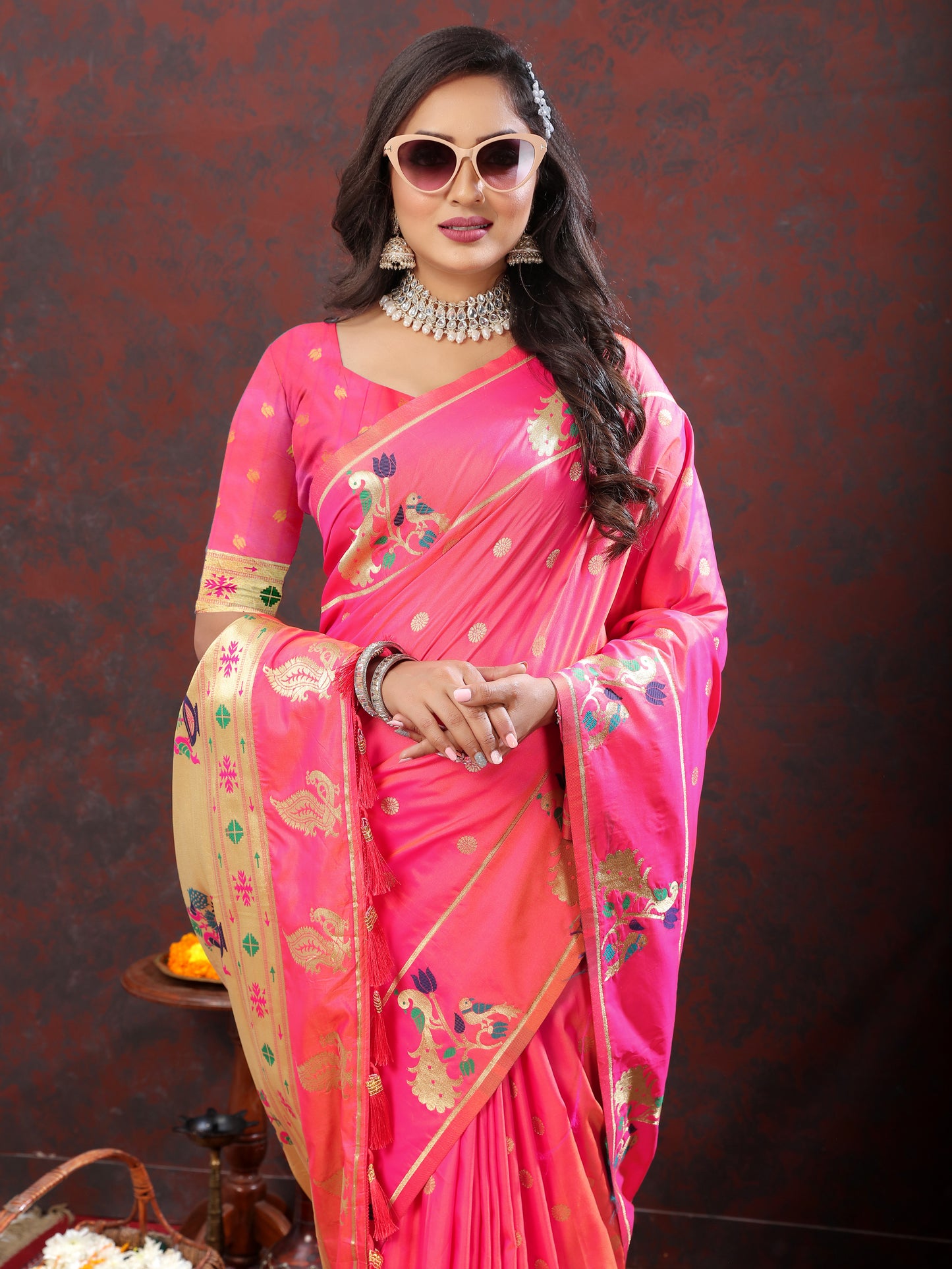 Soft Pethani Silk Rani Saree with Golden Zari Weawing Motifs