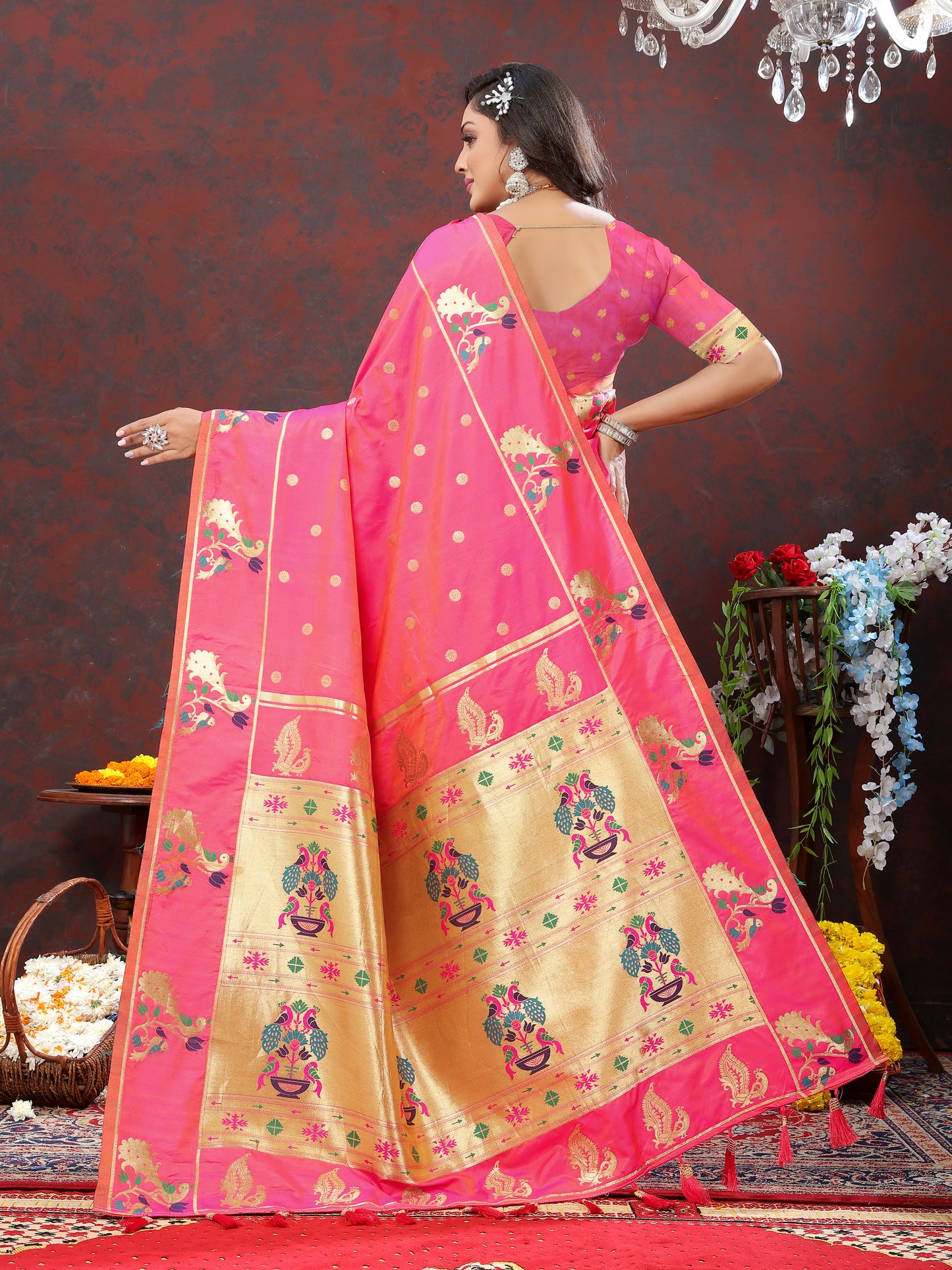 Soft Pethani Silk Pink Saree with Golden Zari Weawing Motifs