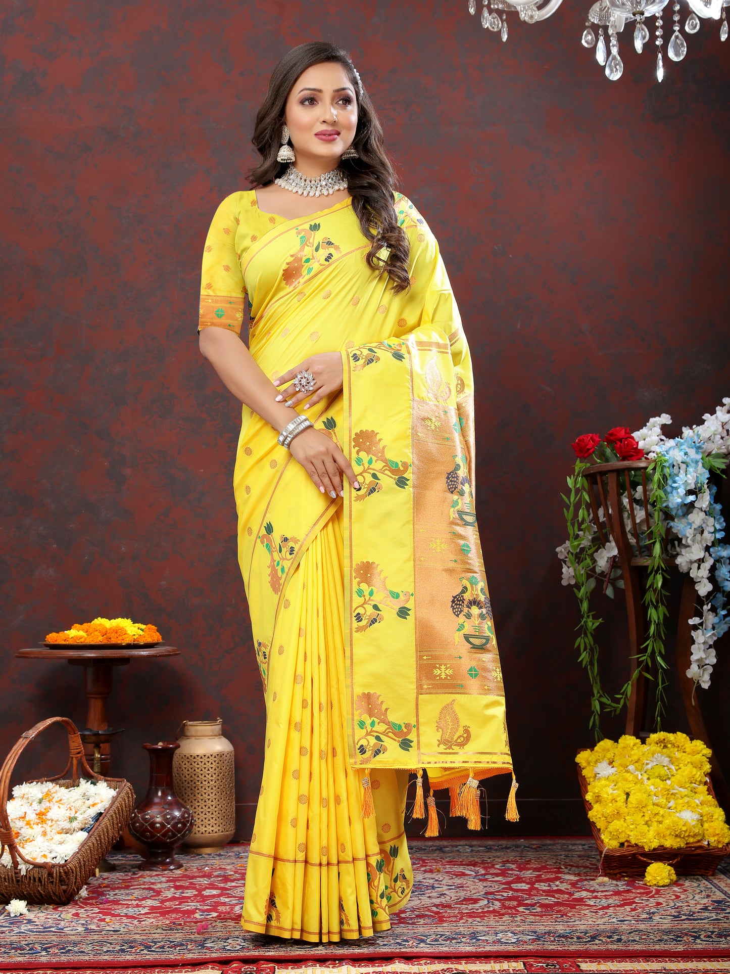 Soft Pethani silk Yellow Saree with Copper zari weawing motifs