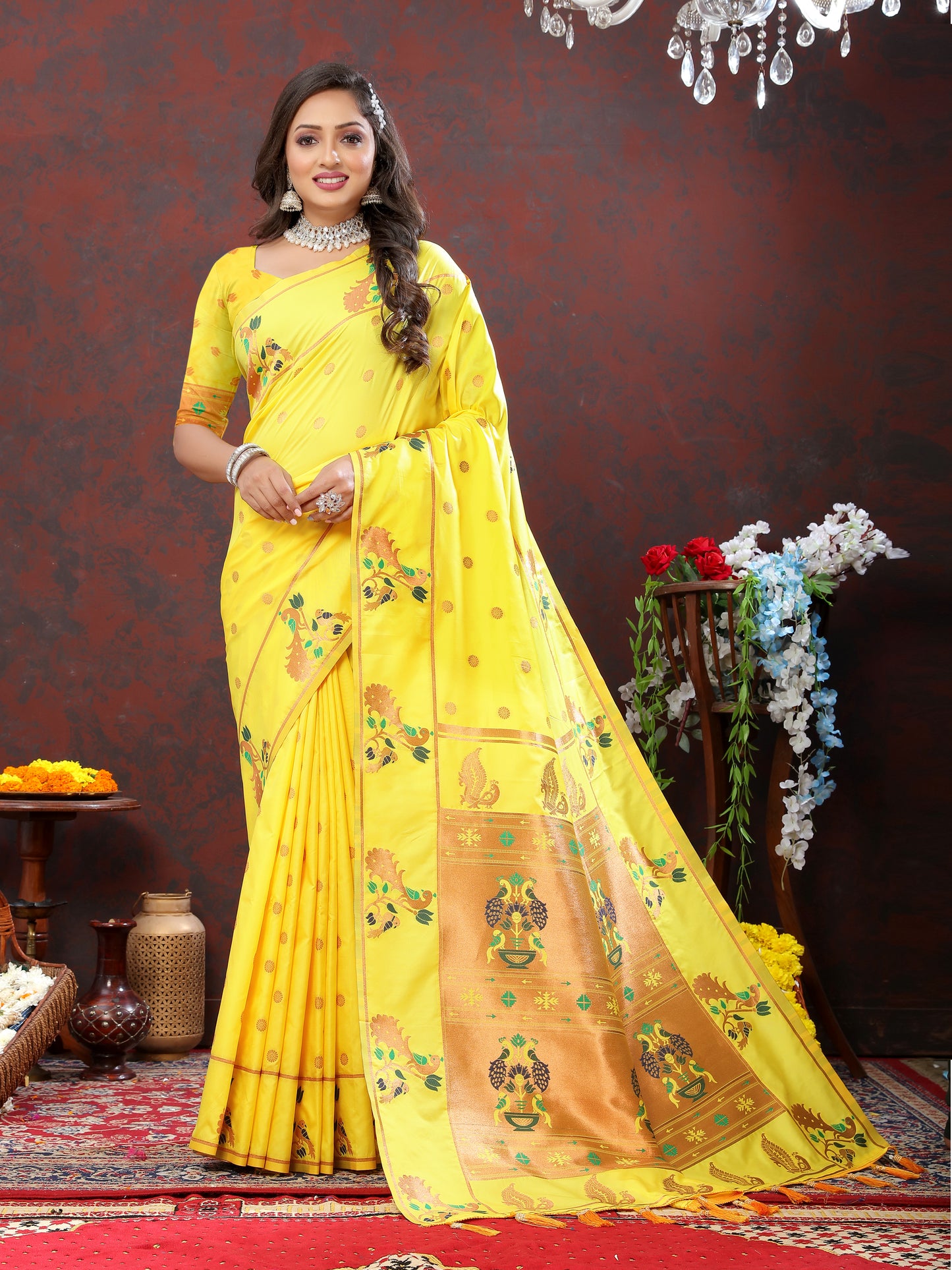 Soft Pethani silk Yellow Saree with Copper zari weawing motifs