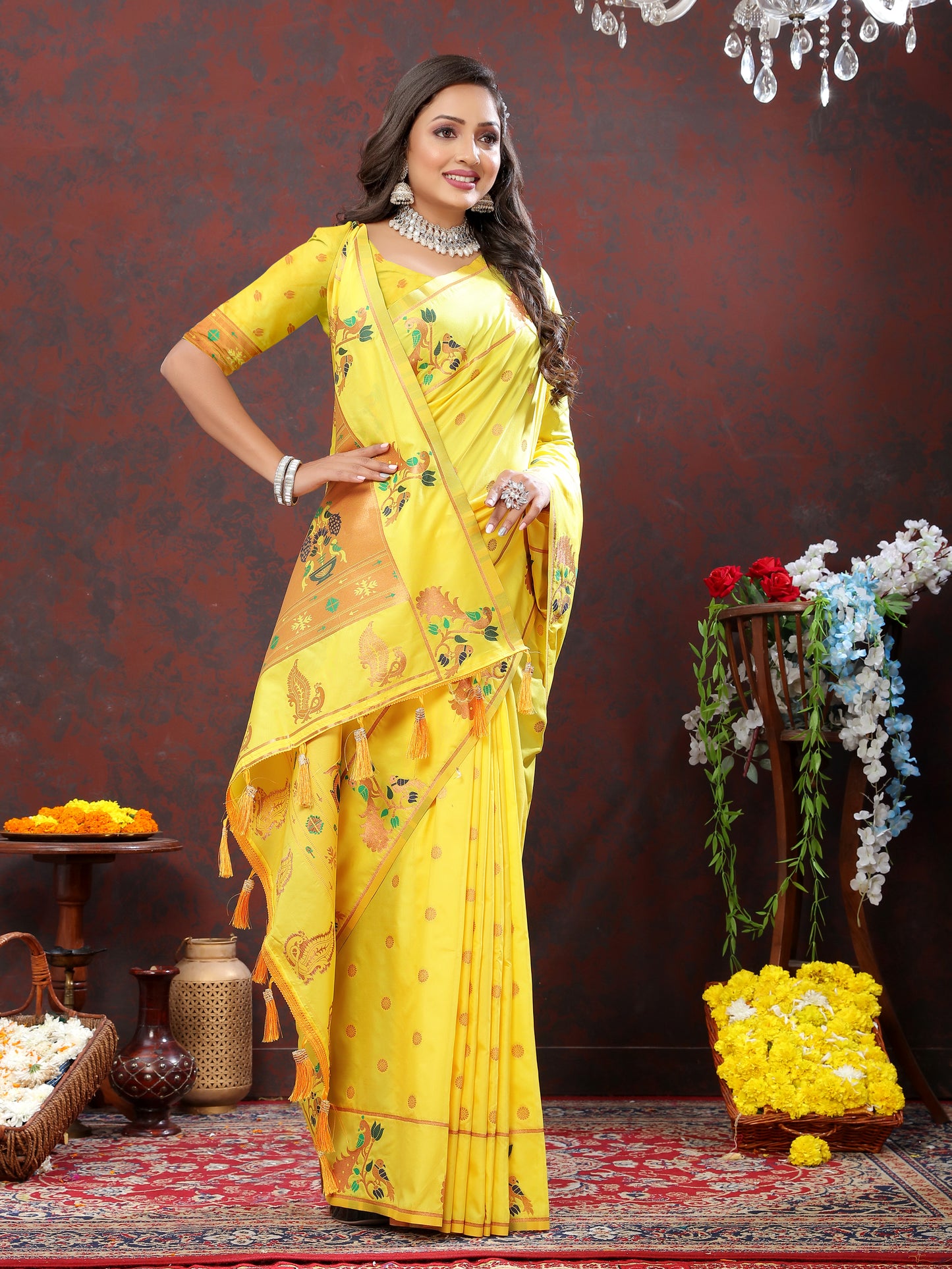Soft Pethani silk Yellow Saree with Copper zari weawing motifs