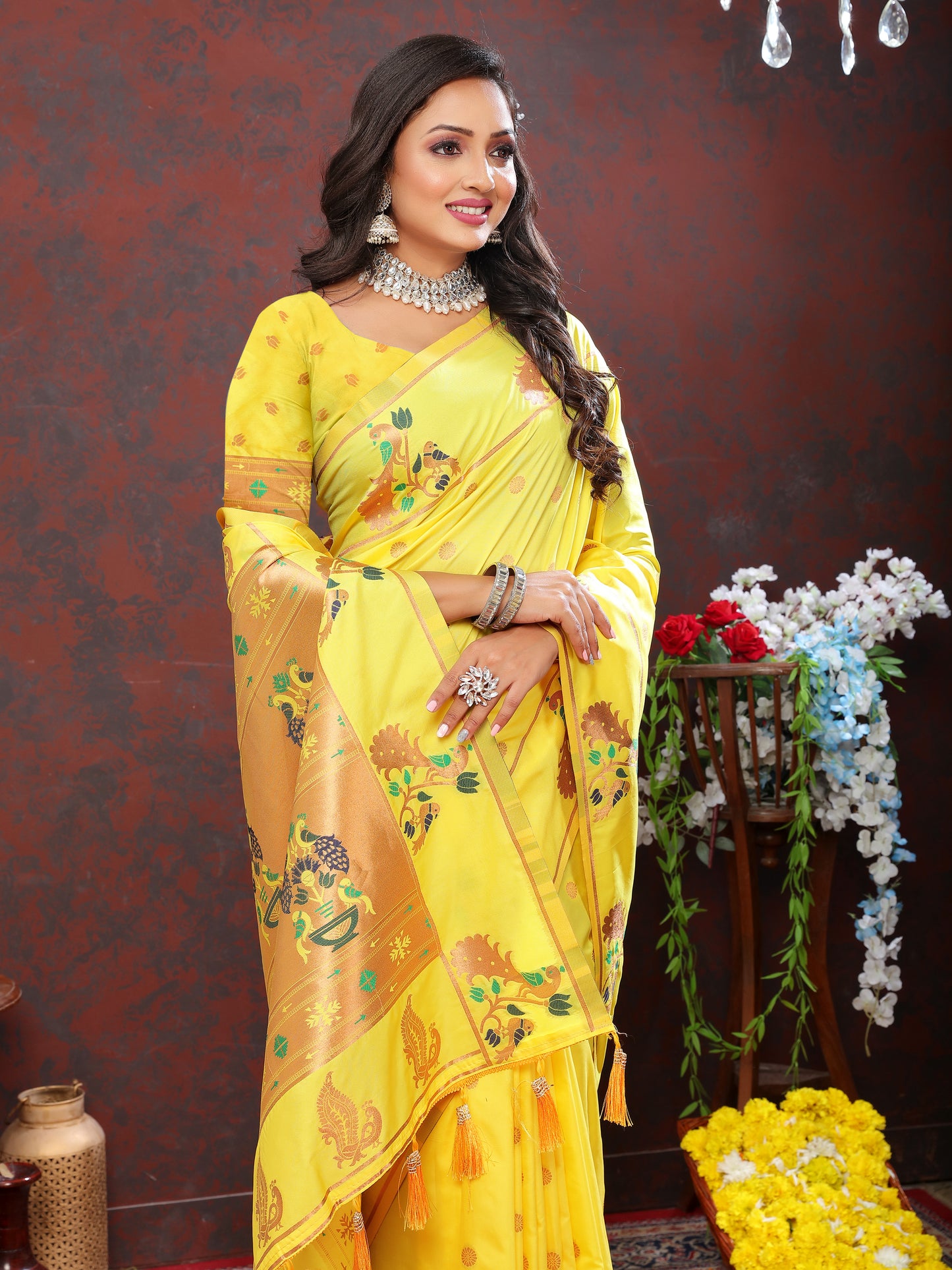 Soft Pethani silk Yellow Saree with Copper zari weawing motifs