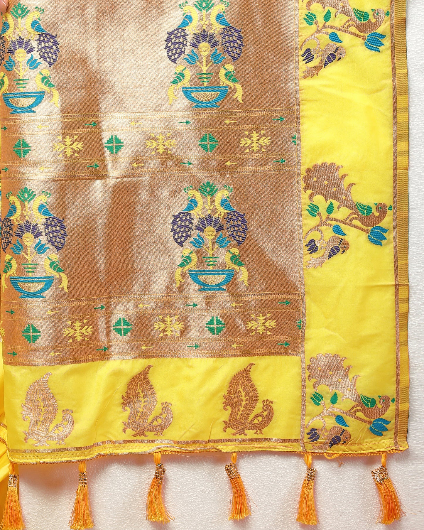 Soft Pethani silk Yellow Saree with Copper zari weawing motifs