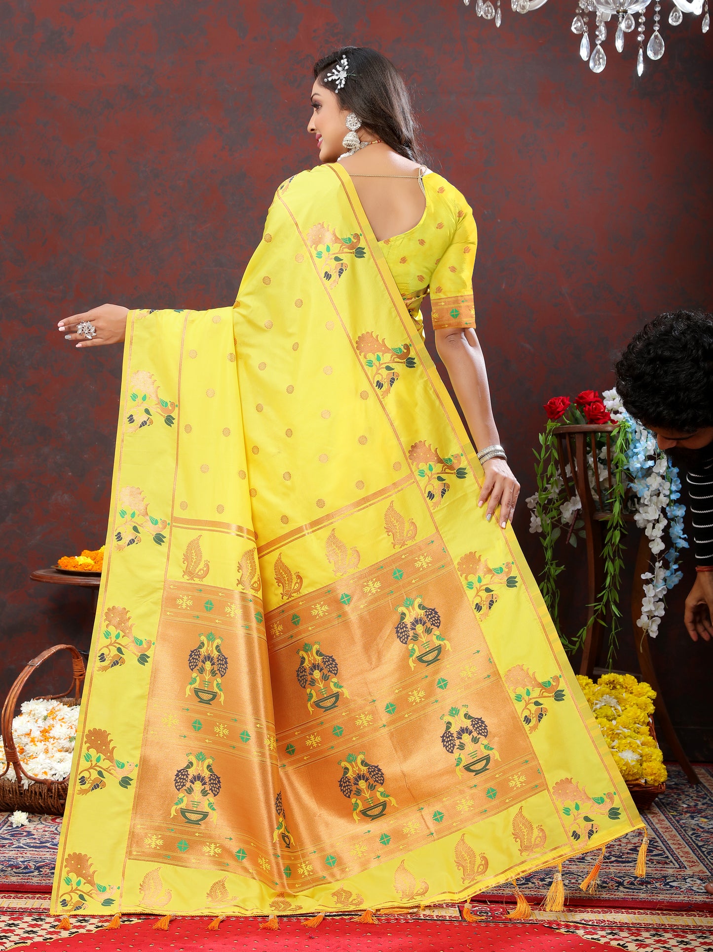 Soft Pethani silk Yellow Saree with Copper zari weawing motifs