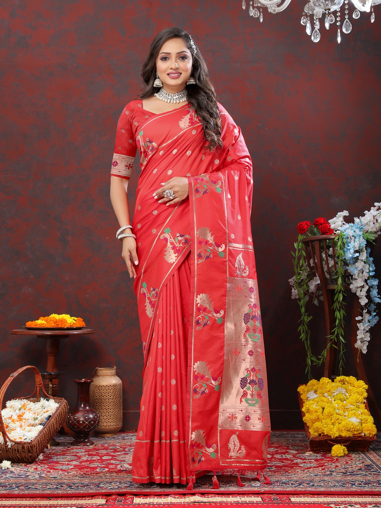Soft Pethani silk Tomato Saree with Copper Zari Weawing motifs