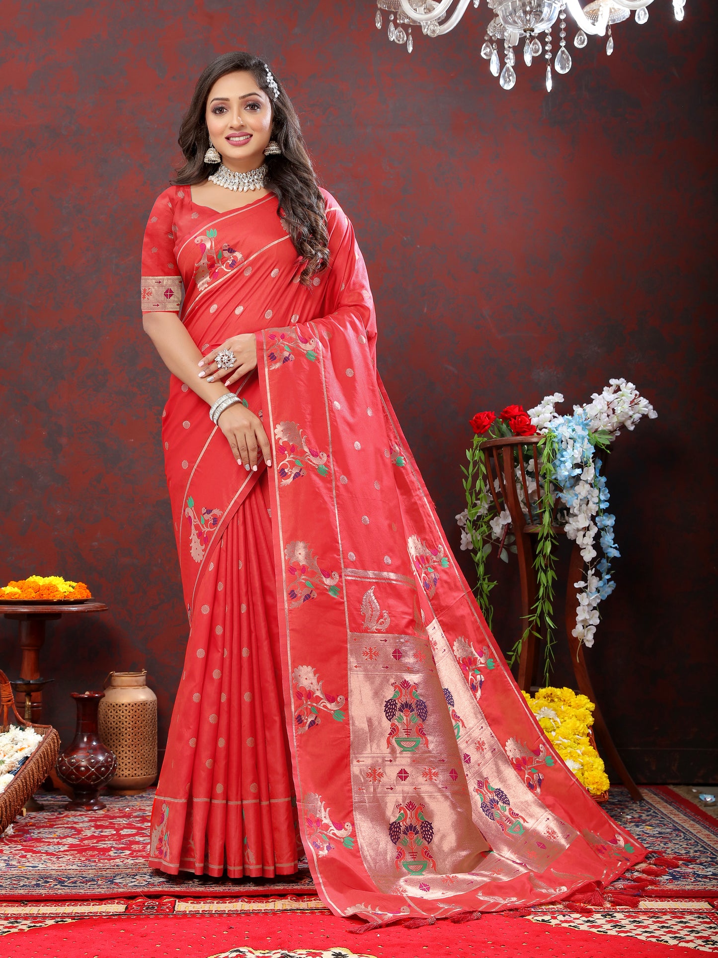 Soft Pethani silk Tomato Saree with Copper Zari Weawing motifs