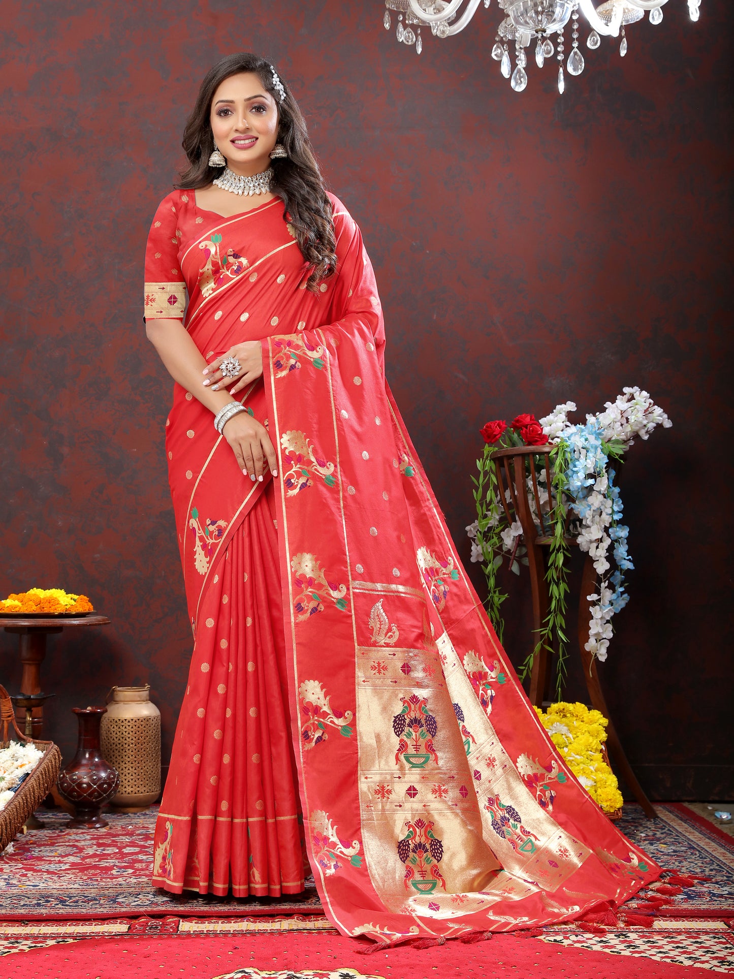 Soft Pethani Silk Red Saree with Golden Zari Weawing Motifs