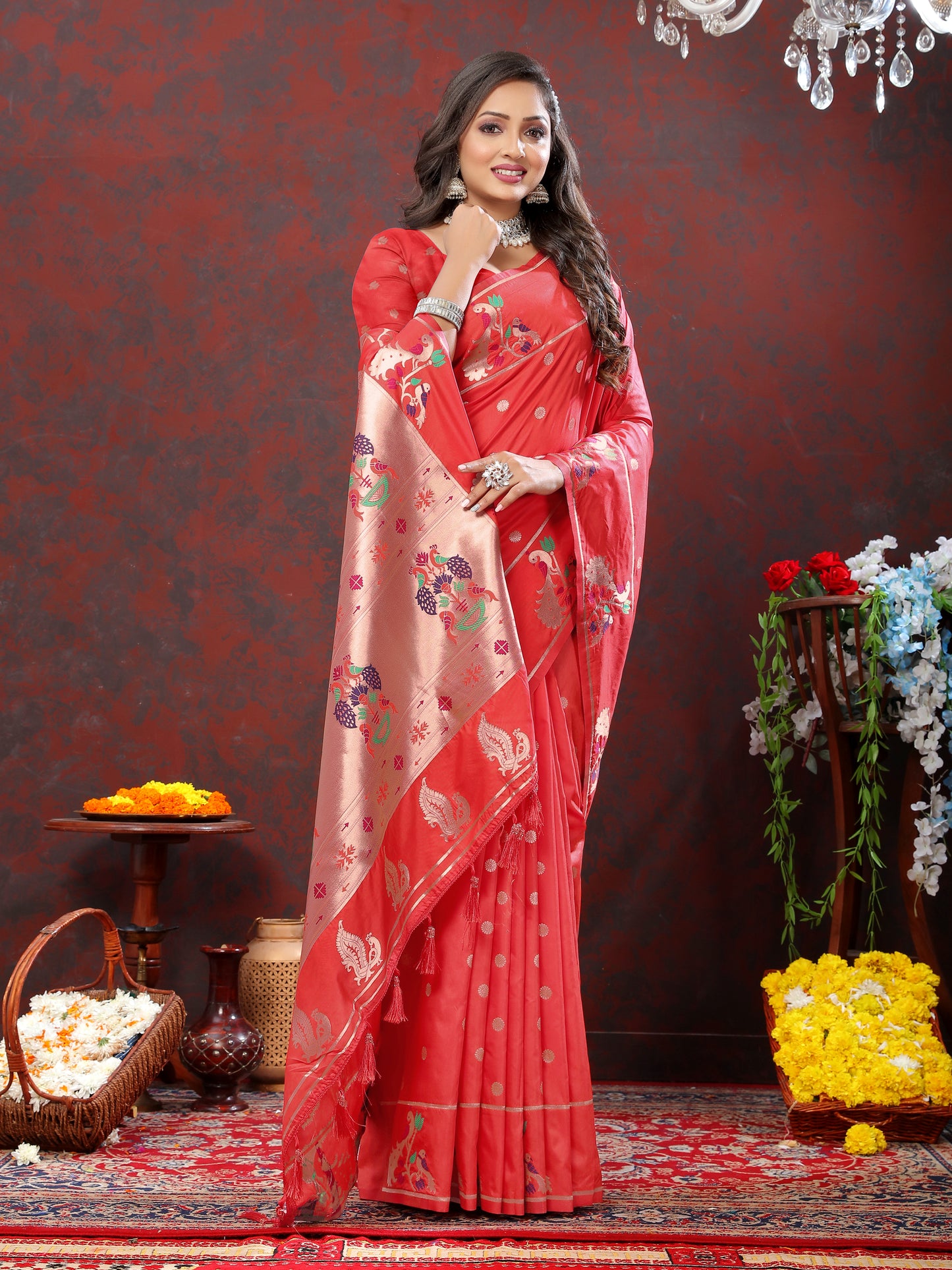 Soft Pethani silk Tomato Saree with Copper Zari Weawing motifs