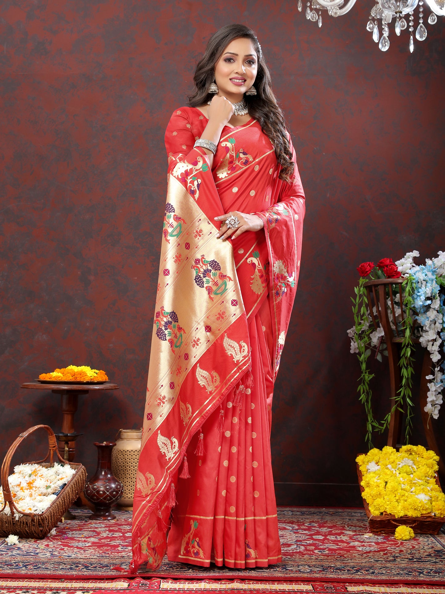 Soft Pethani Silk Red Saree with Golden Zari Weawing Motifs