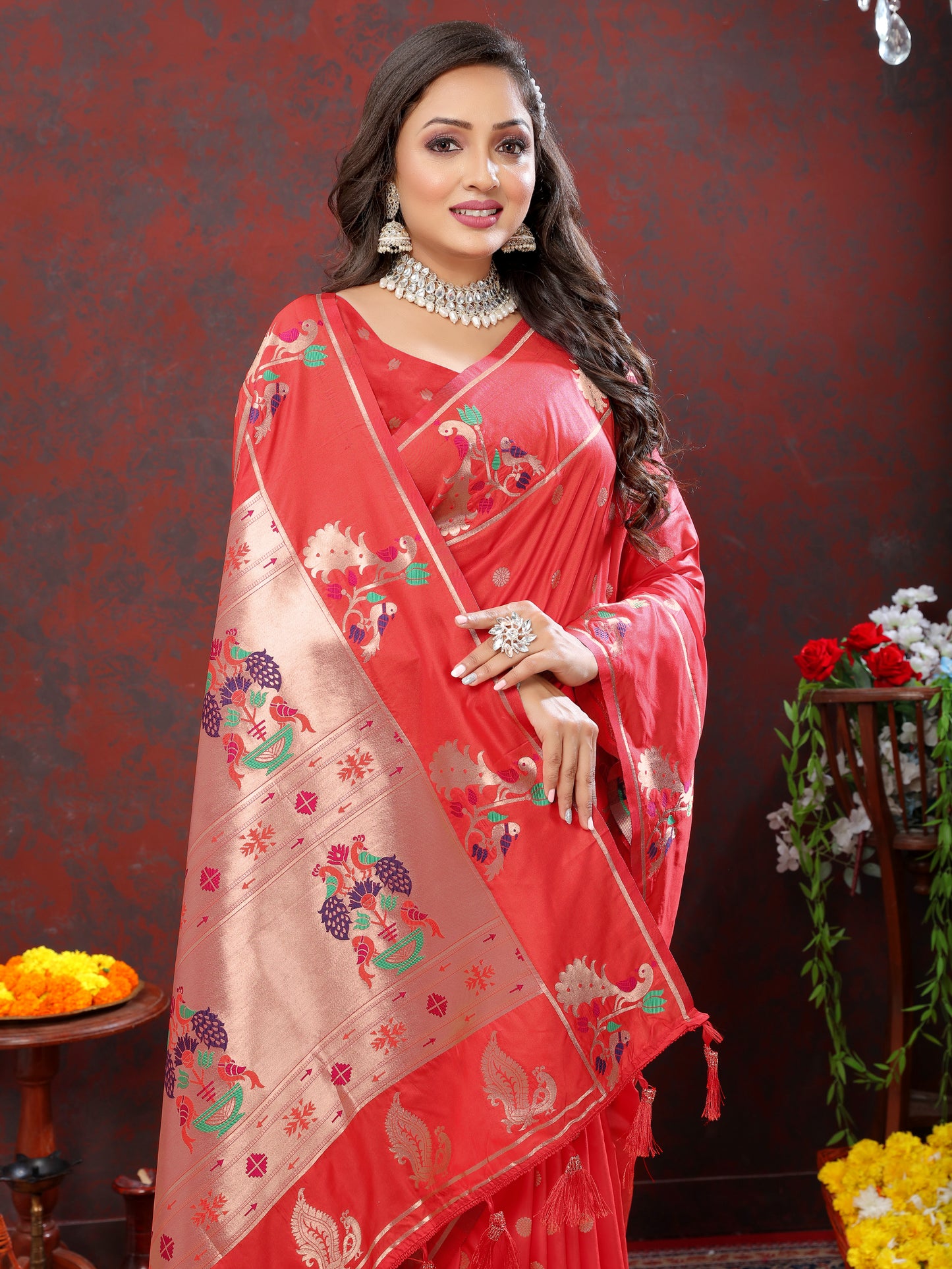 Soft Pethani silk Tomato Saree with Copper Zari Weawing motifs
