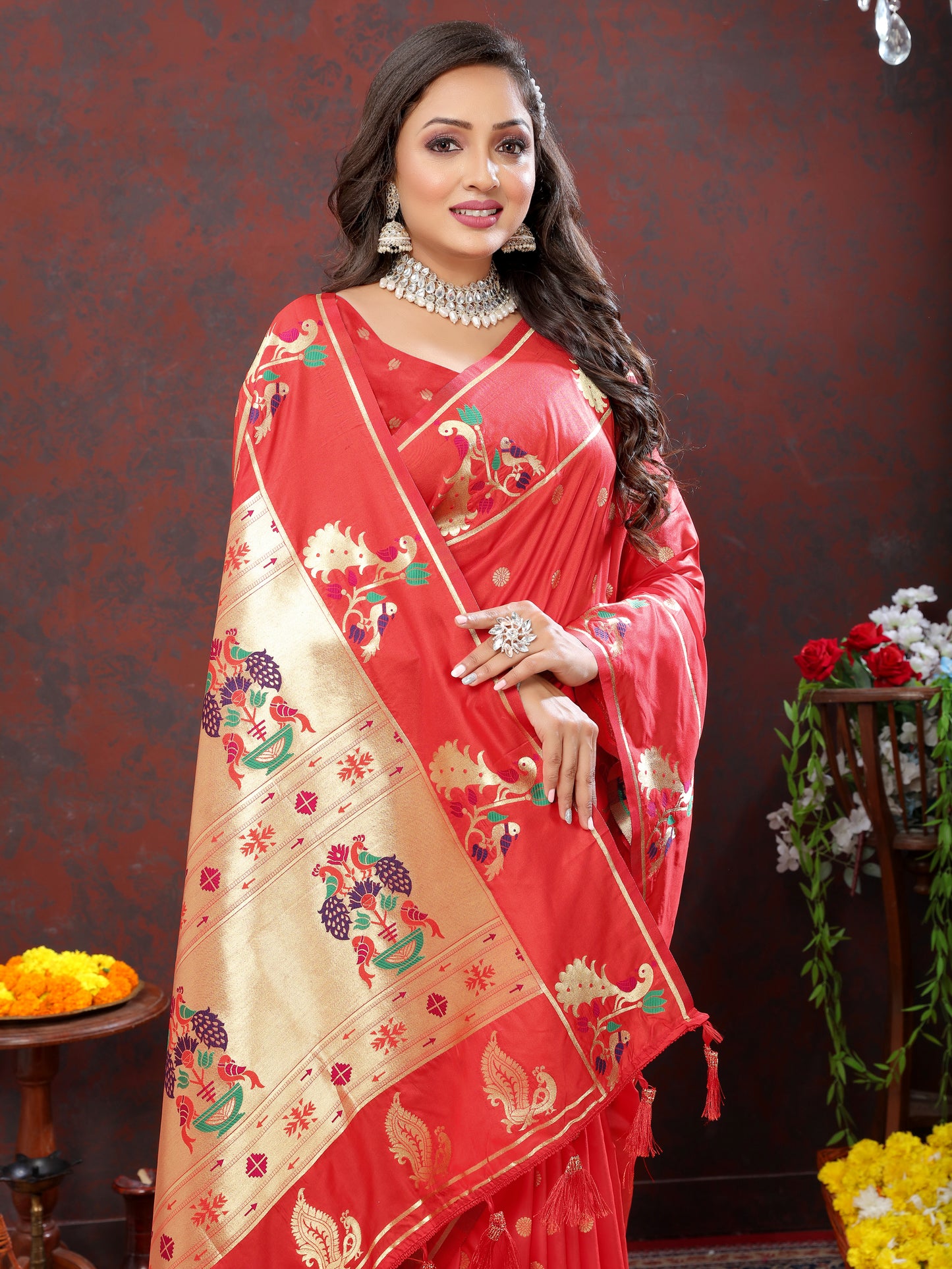 Soft Pethani Silk Red Saree with Golden Zari Weawing Motifs