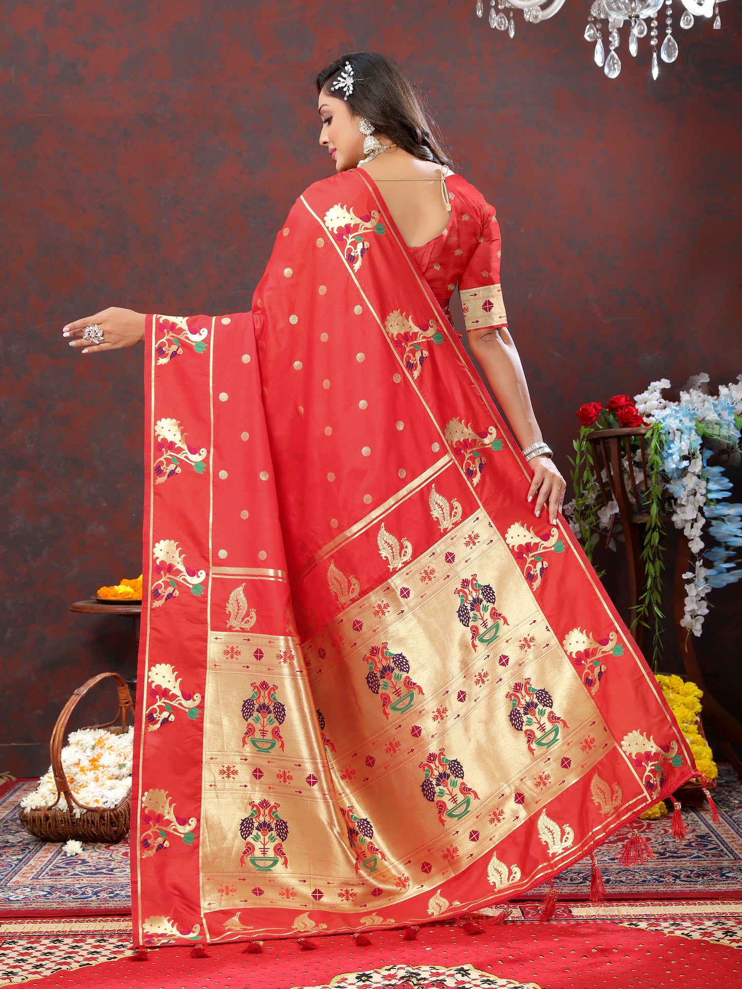 Soft Pethani Silk Red Saree with Golden Zari Weawing Motifs