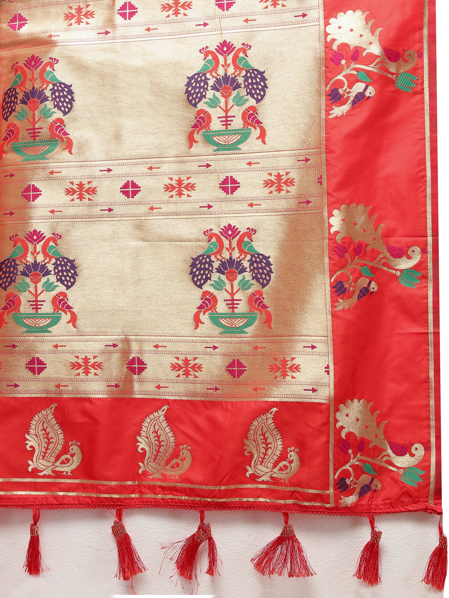 Soft Pethani Silk Red Saree with Golden Zari Weawing Motifs
