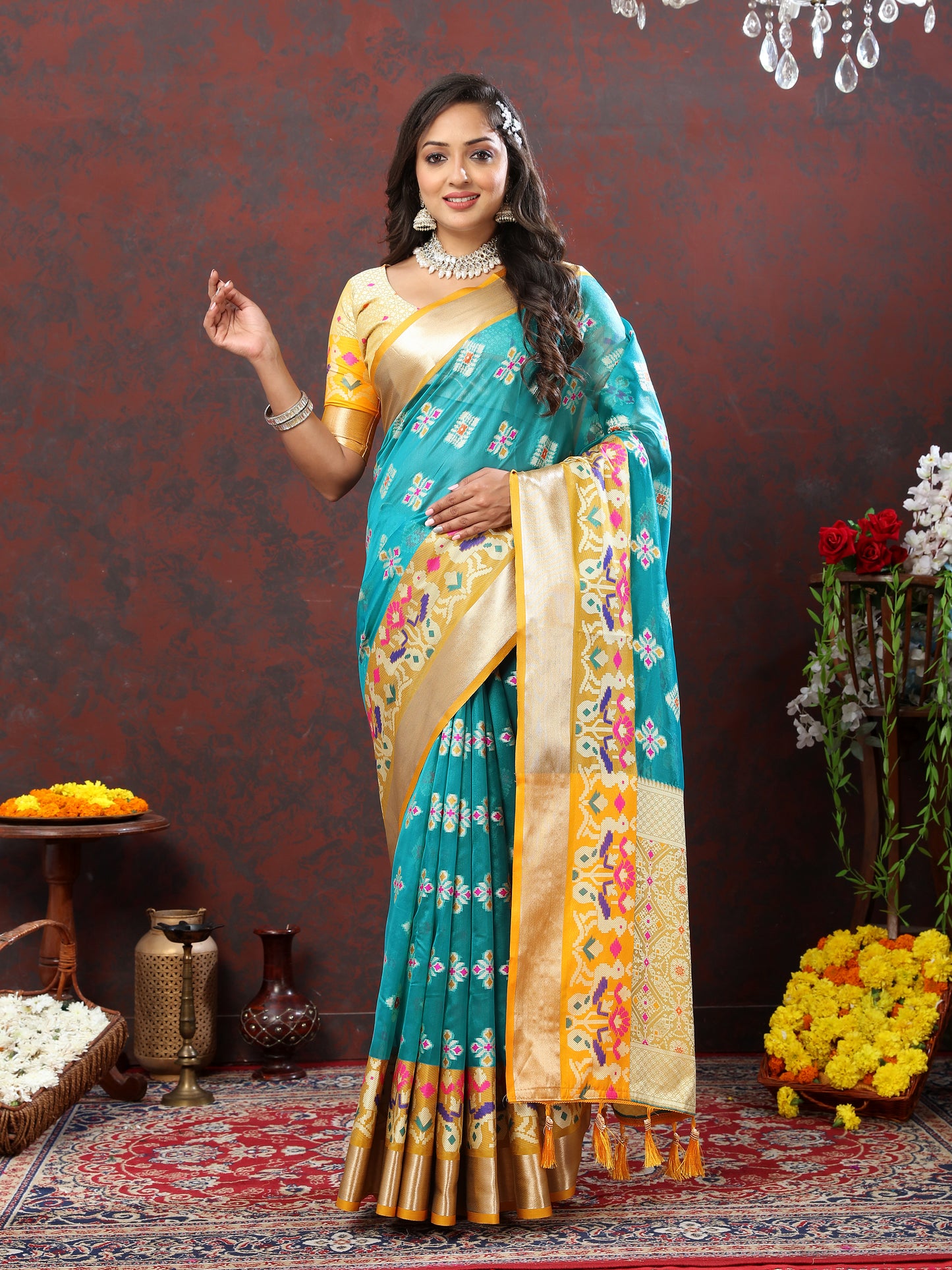 Soft Organza silk Rama saree with Meenakari weawing design