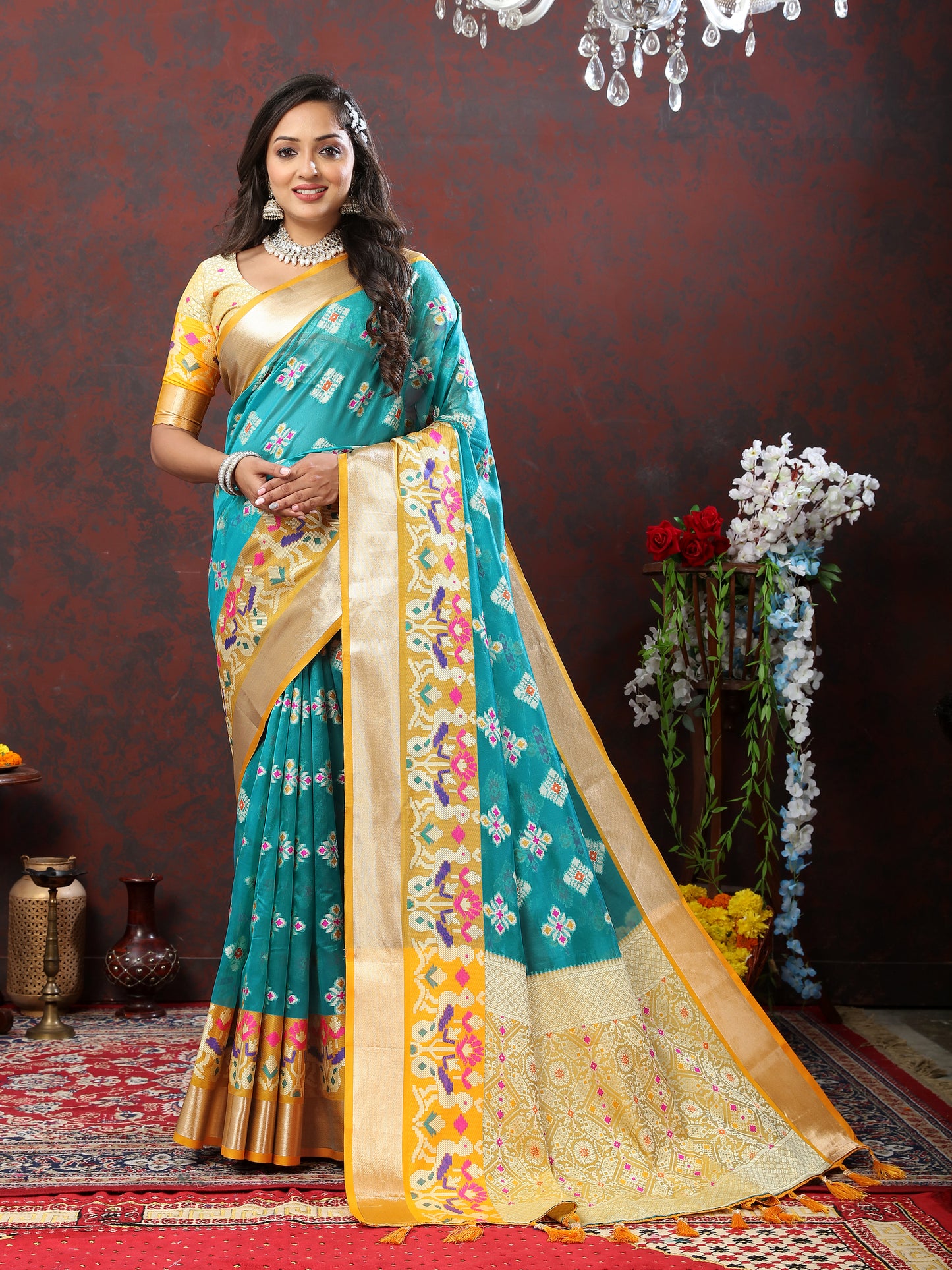 Soft Organza silk Rama saree with Meenakari weawing design