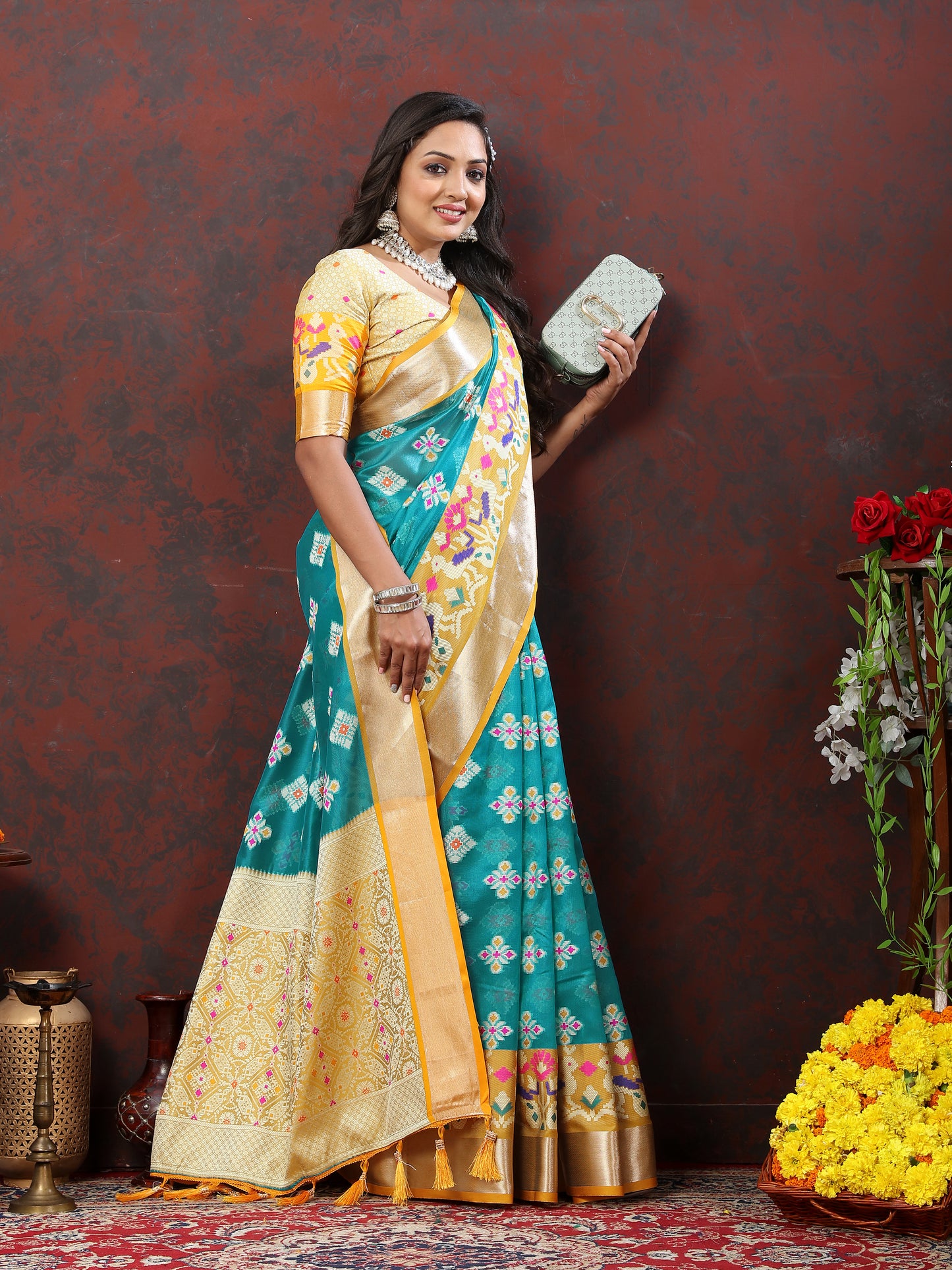 Soft Organza silk Rama saree with Meenakari weawing design