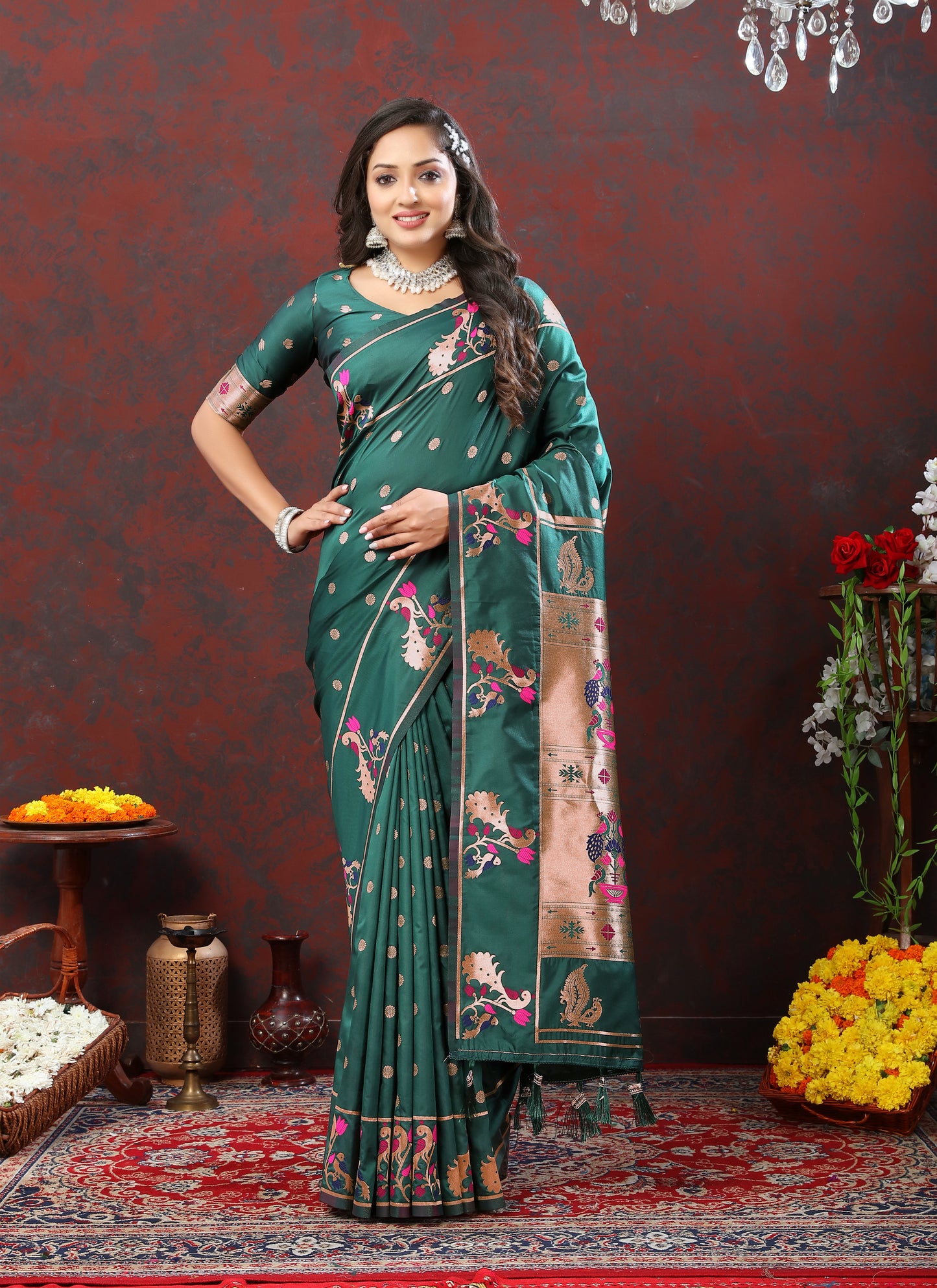 Soft Pethani silk Rama Saree with Copper Zari Weawing Motifs