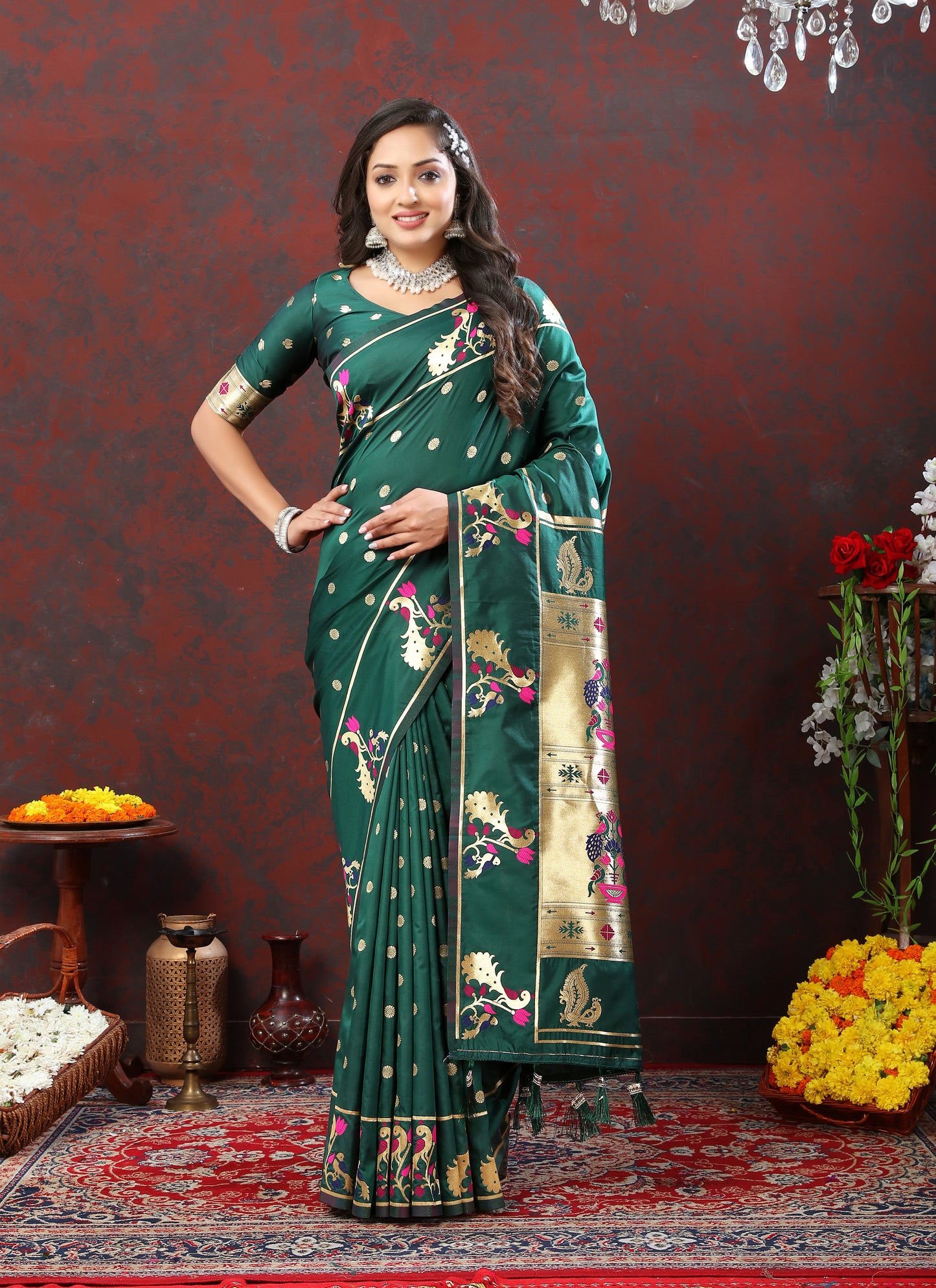 Soft Pethani Silk Rama Saree with Golden Zari Weawing Motifs