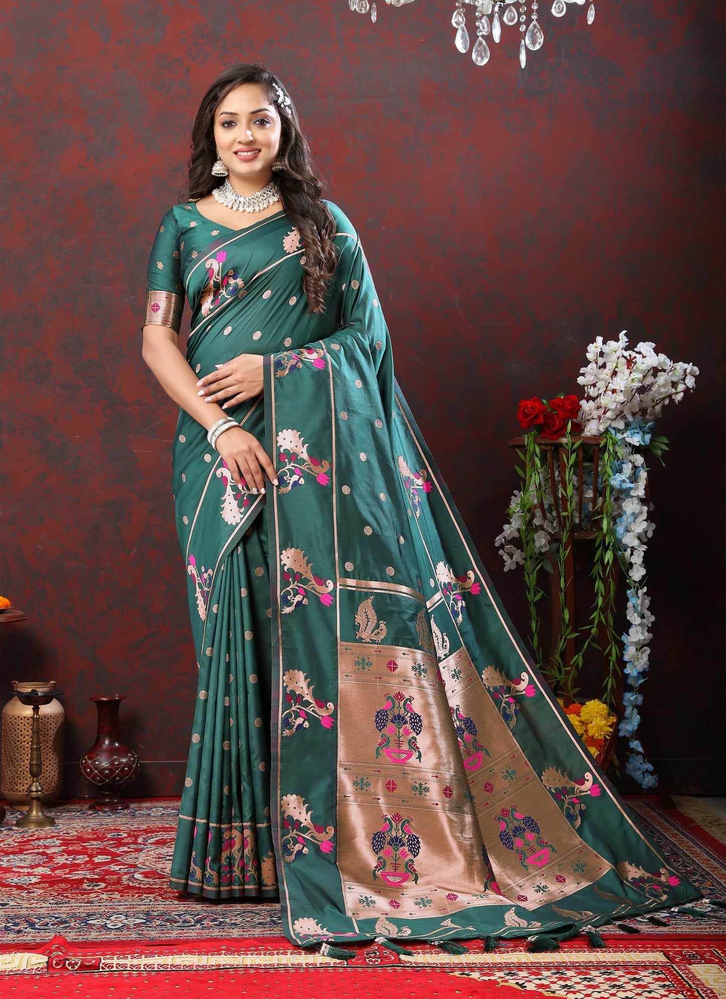 Soft Pethani silk Rama Saree with Copper Zari Weawing Motifs