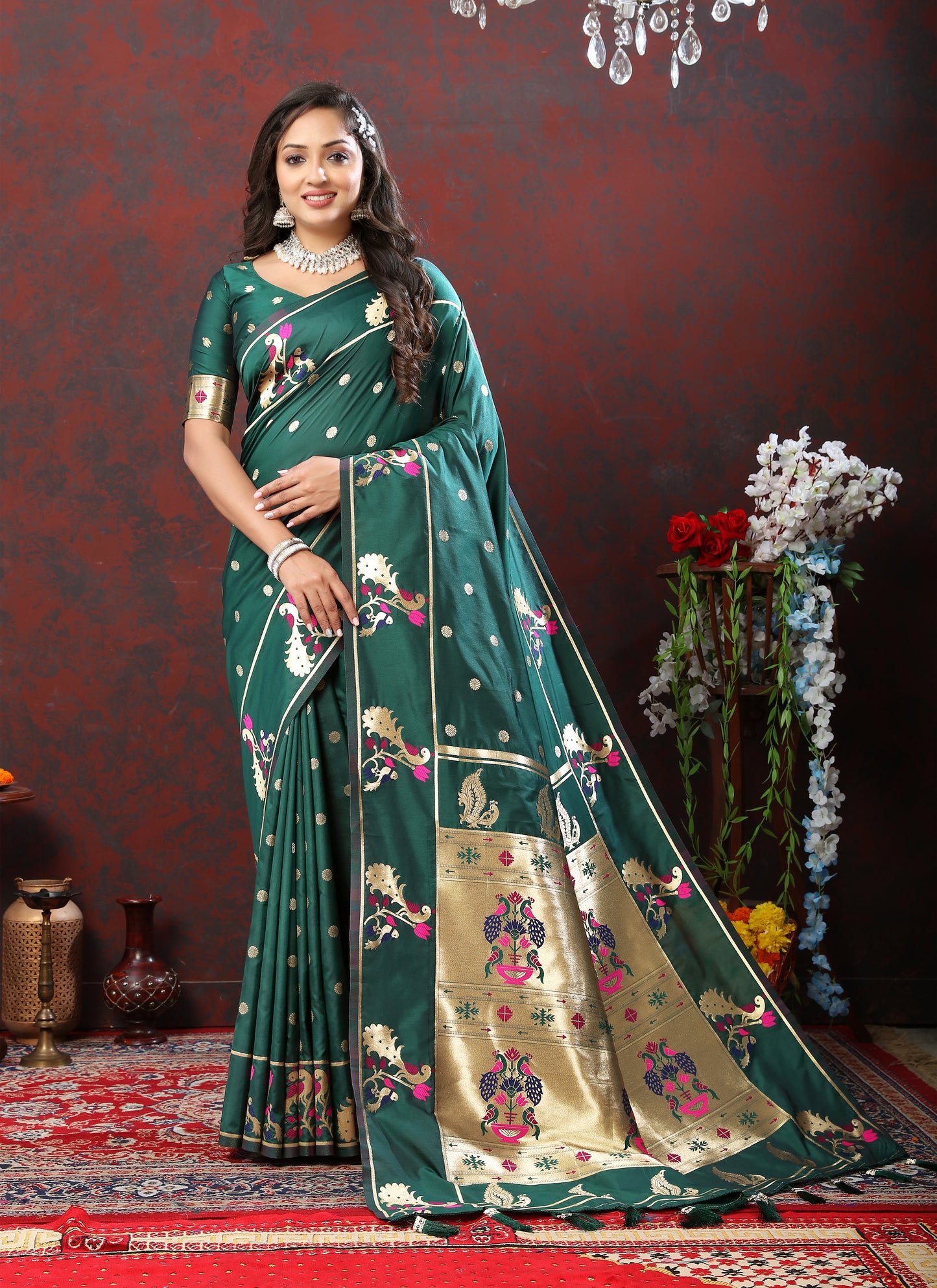 Soft Pethani Silk Rama Saree with Golden Zari Weawing Motifs