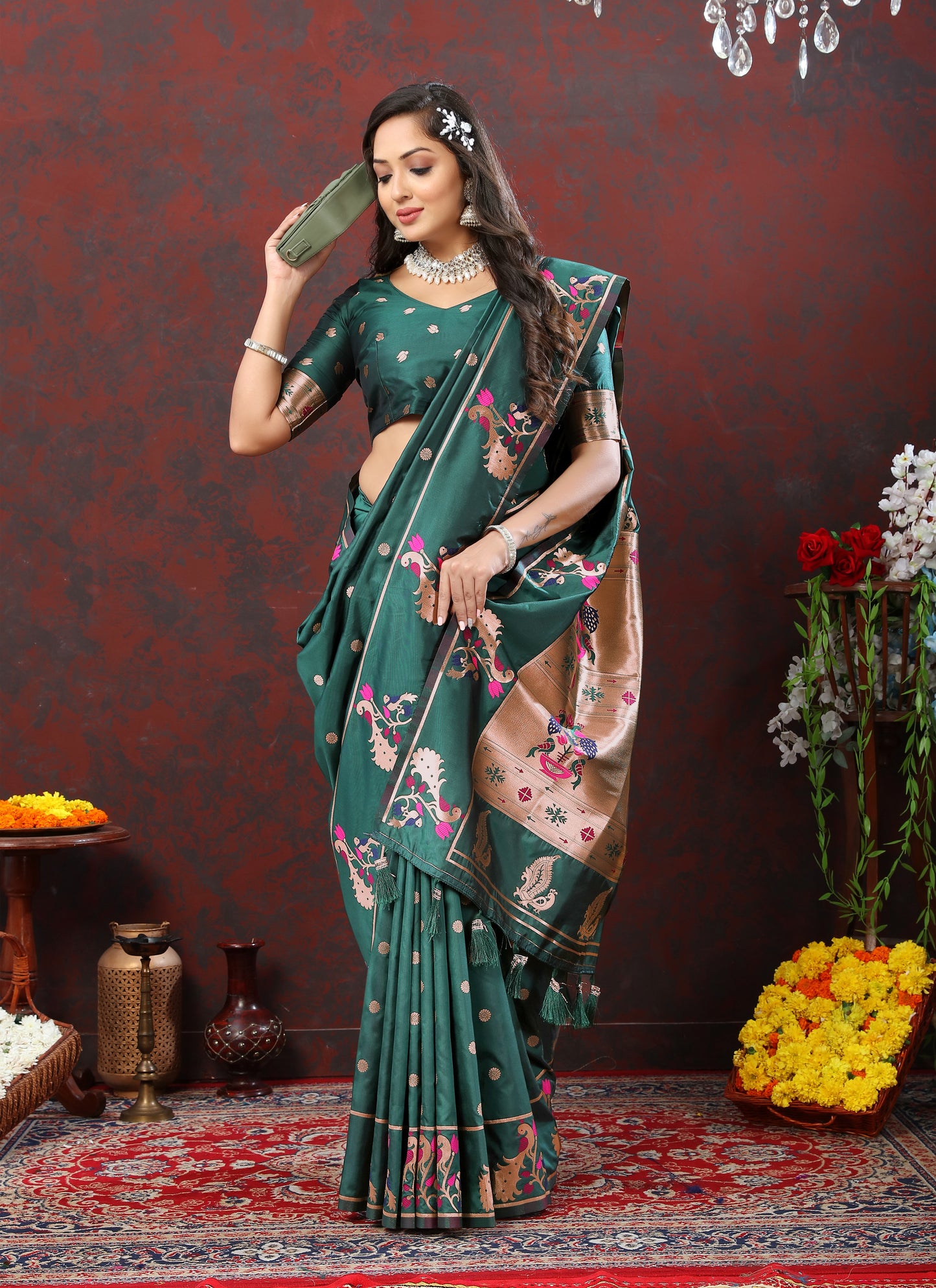 Soft Pethani silk Rama Saree with Copper Zari Weawing Motifs