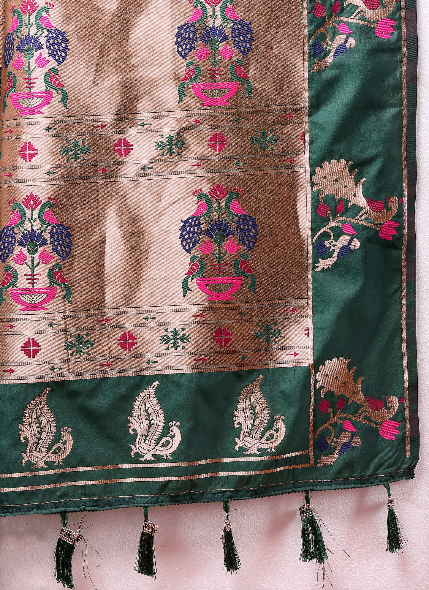 Soft Pethani silk Rama Saree with Copper Zari Weawing Motifs