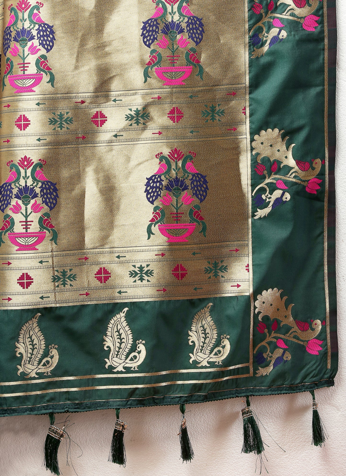 Soft Pethani Silk Rama Saree with Golden Zari Weawing Motifs