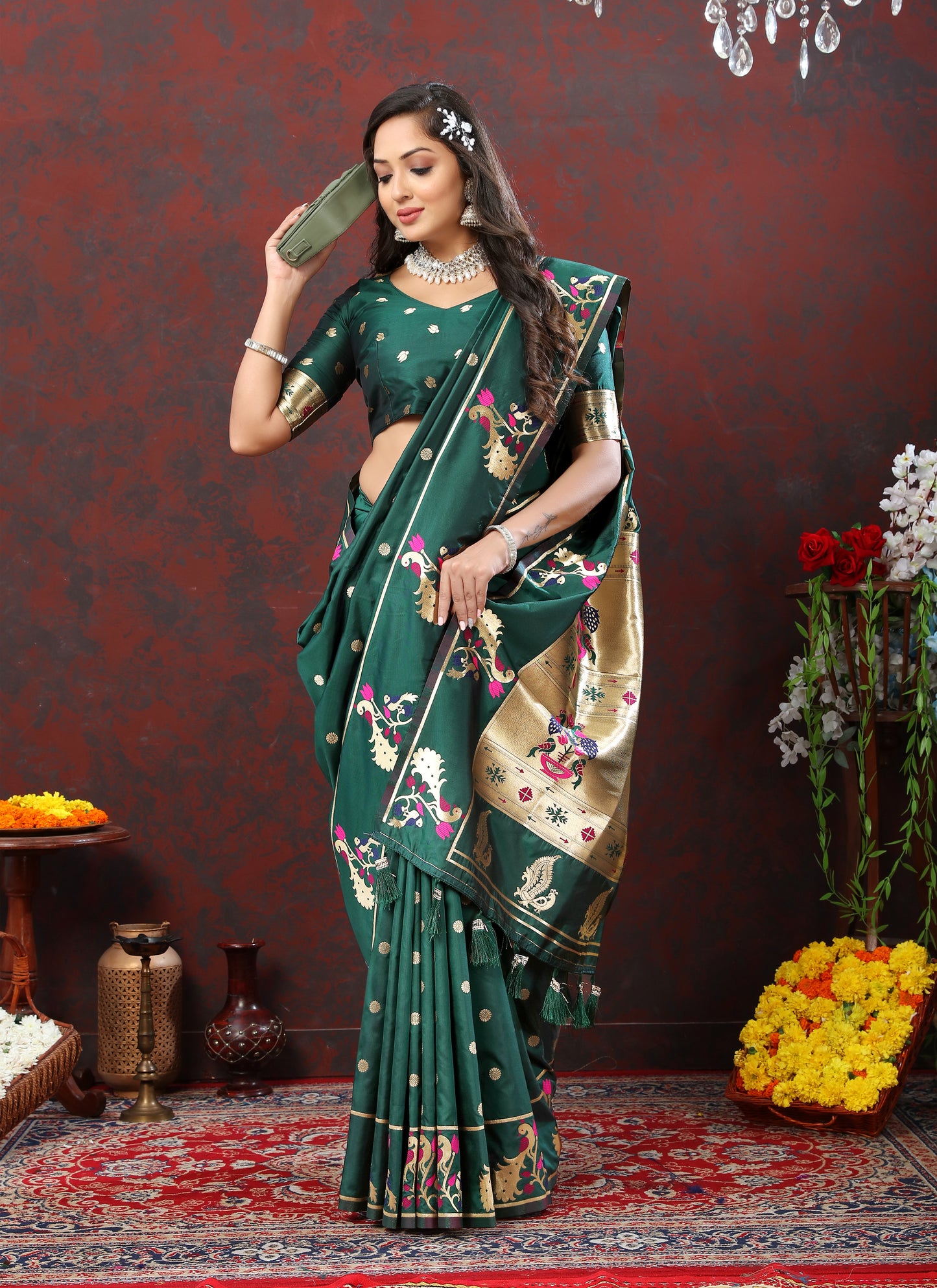 Soft Pethani Silk Rama Saree with Golden Zari Weawing Motifs