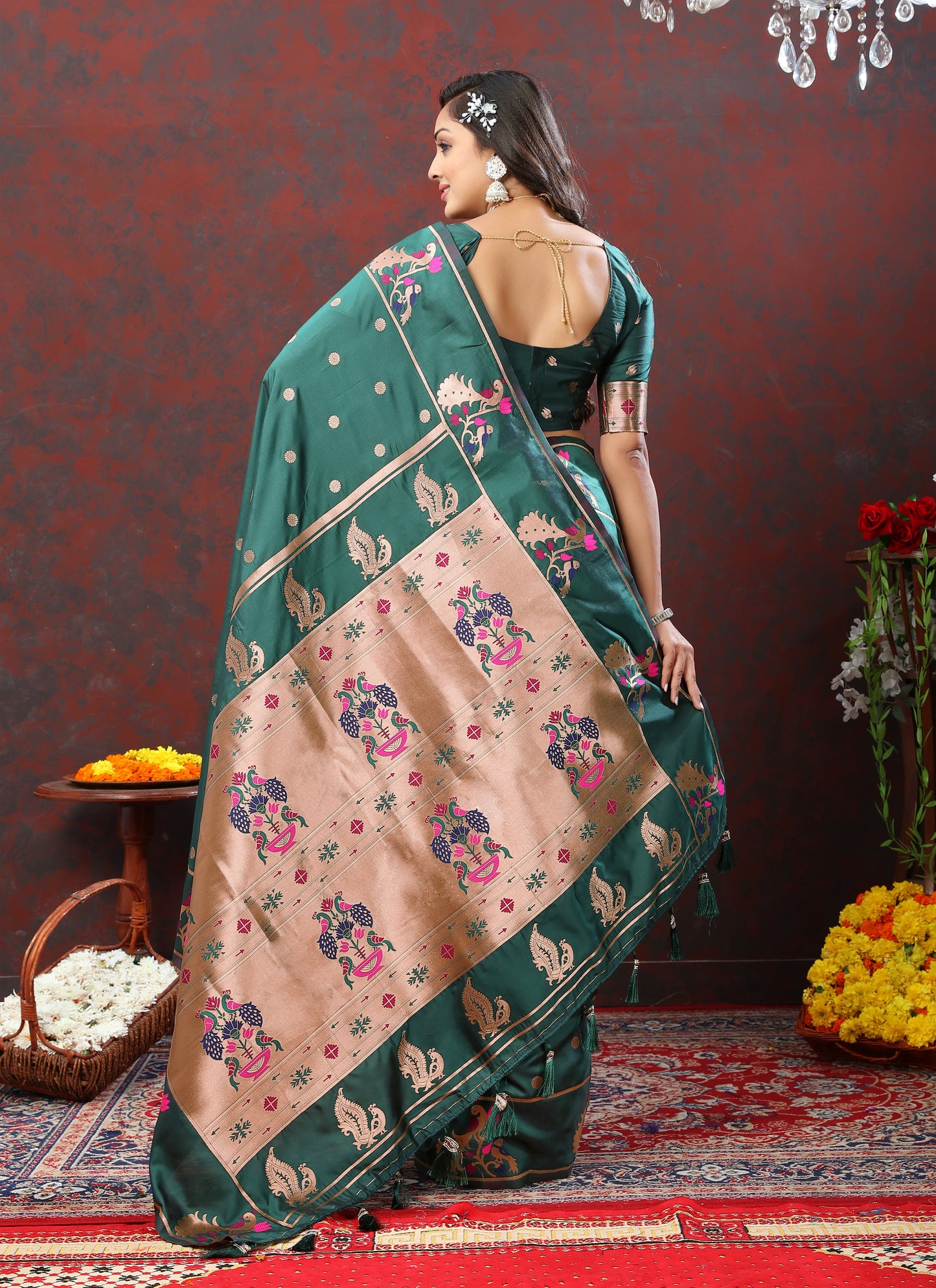 Soft Pethani silk Rama Saree with Copper Zari Weawing Motifs