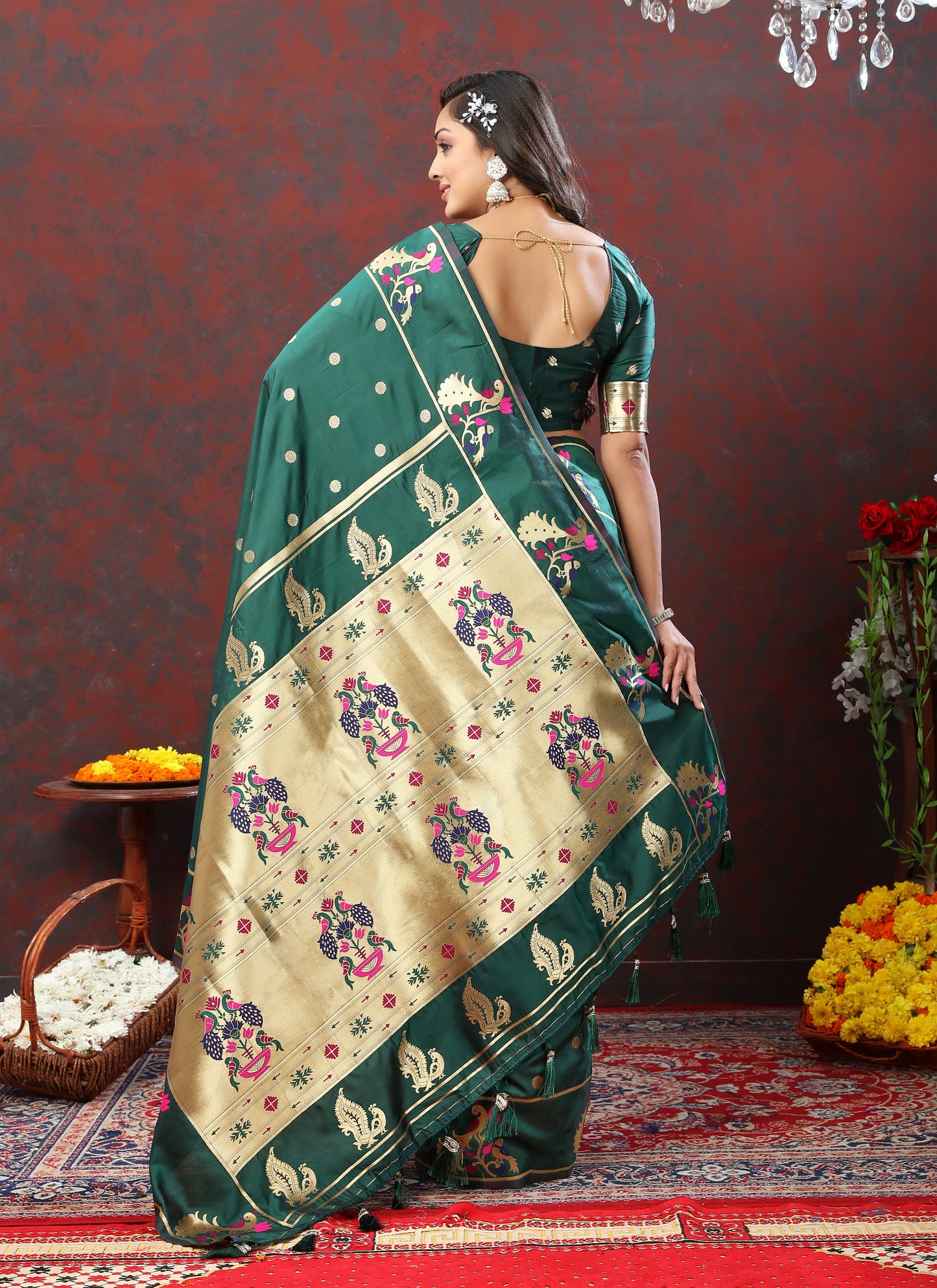Soft Pethani Silk Rama Saree with Golden Zari Weawing Motifs