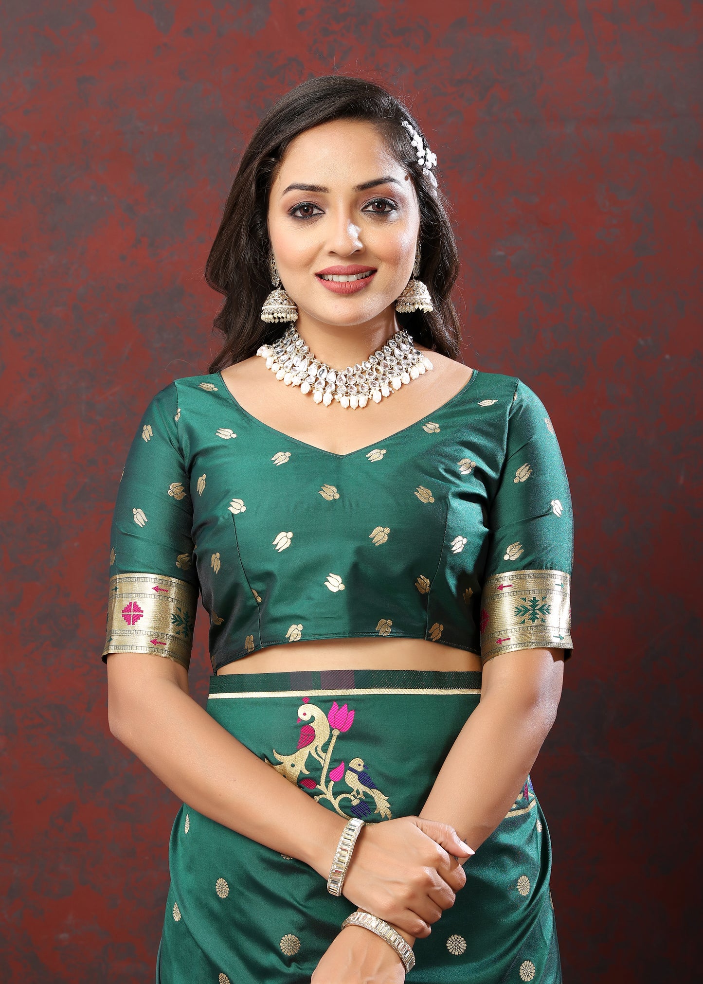 Soft Pethani Silk Rama Saree with Golden Zari Weawing Motifs
