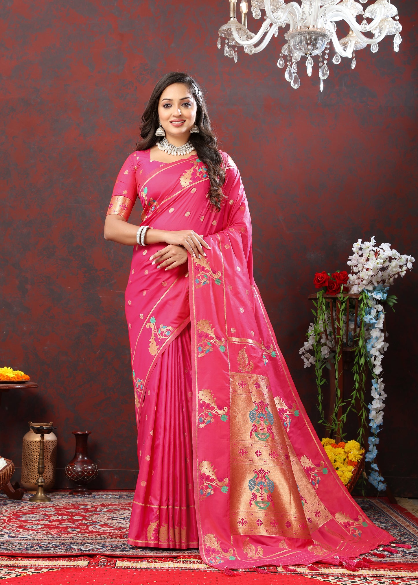 Soft Pethani silk Rani Saree with Copper Zari Weawing Motifs