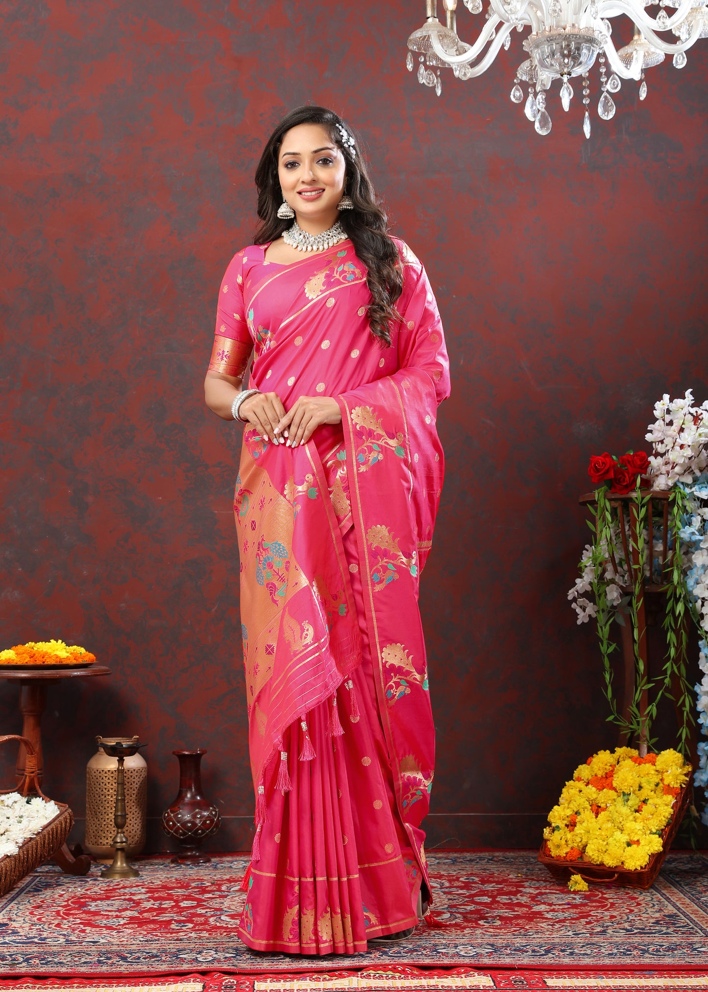 Soft Pethani silk Rani Saree with Copper Zari Weawing Motifs