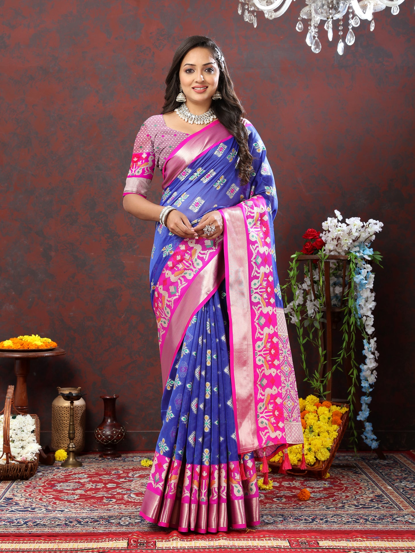 Soft Organza silk Blue Pink saree with Meenakari weawing design