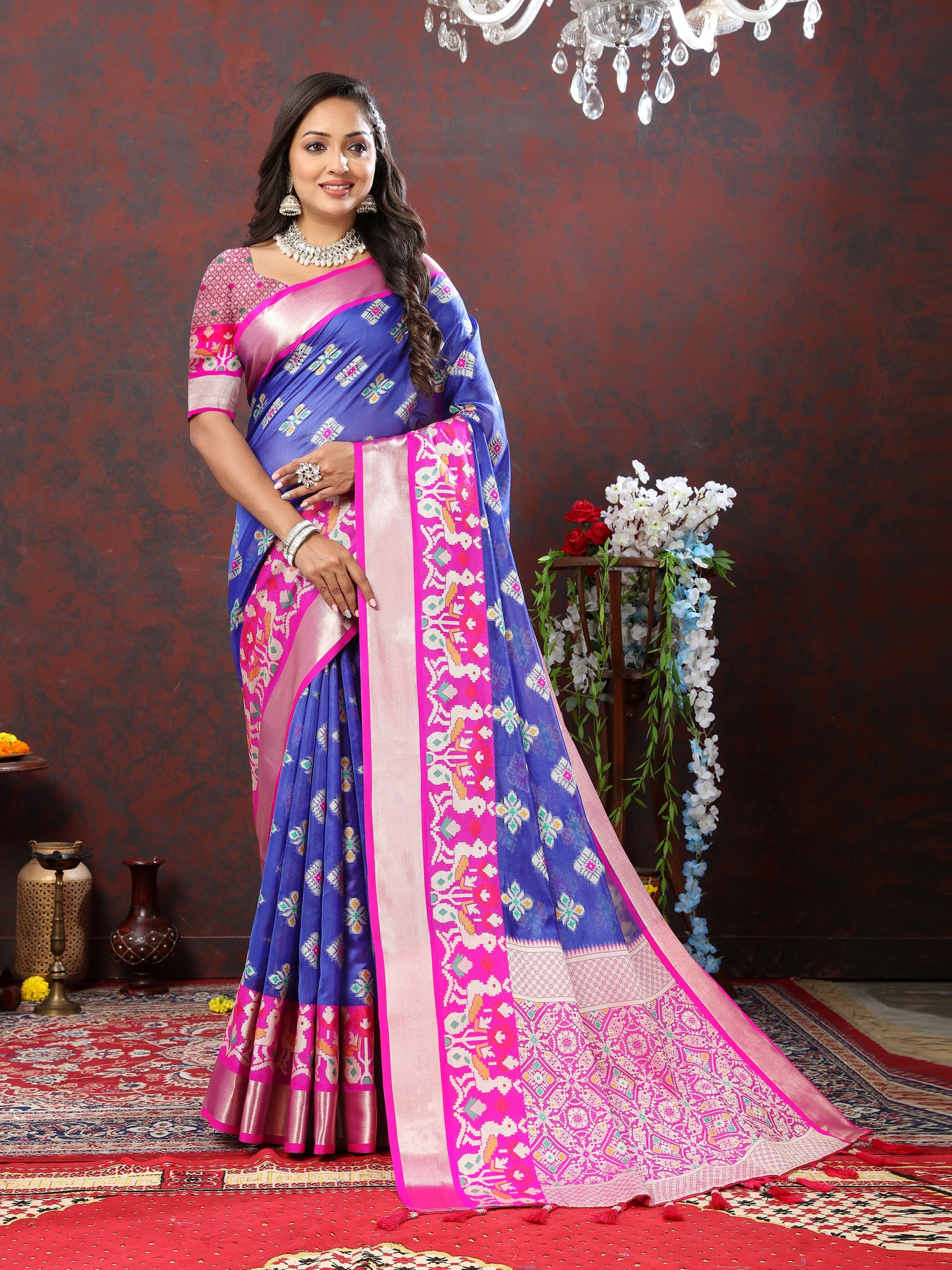 Soft Organza silk Blue Pink saree with Meenakari weawing design