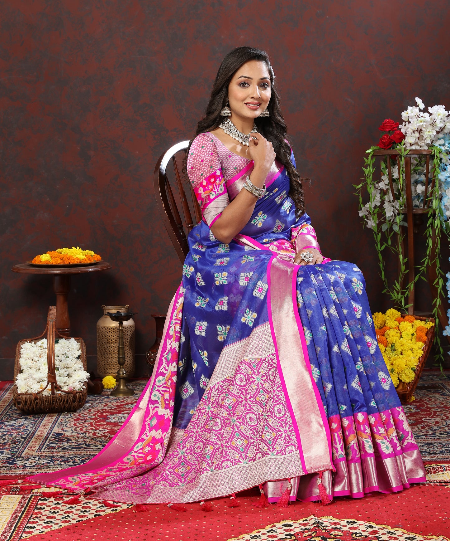 Soft Organza silk Blue Pink saree with Meenakari weawing design