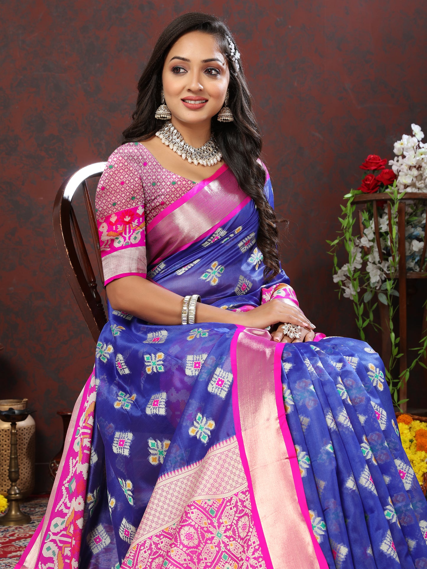 Soft Organza silk Blue Pink saree with Meenakari weawing design