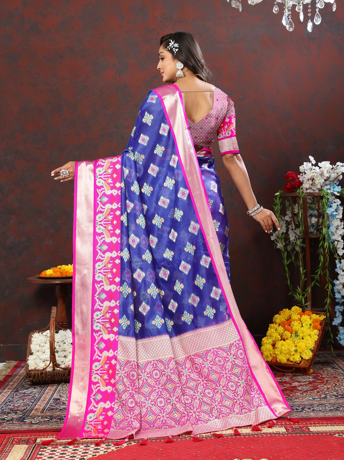 Soft Organza silk Blue Pink saree with Meenakari weawing design